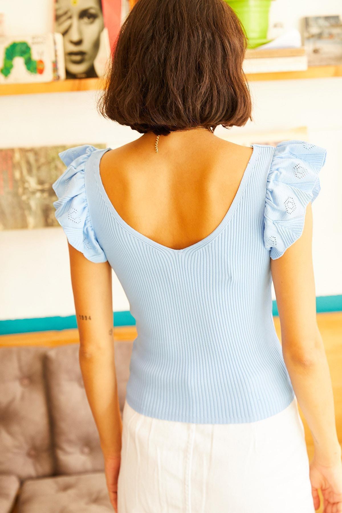 Blue Fitted Scoop Neck Blouse, BABY BLUE, large image number 4