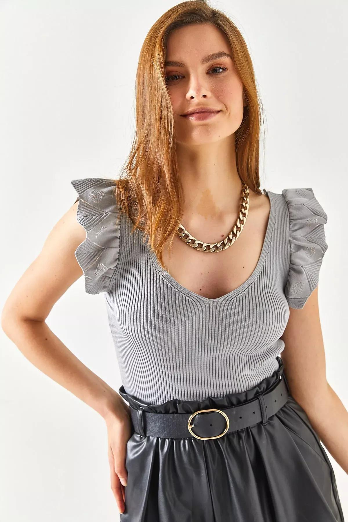 Grey V Shoulder Ruffle Blouse, C101_1653, large image number 0