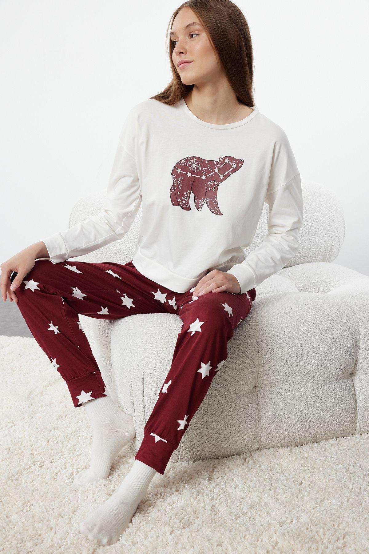 Red Patterned Knitted Pyjamas Set, Burgundy, medium