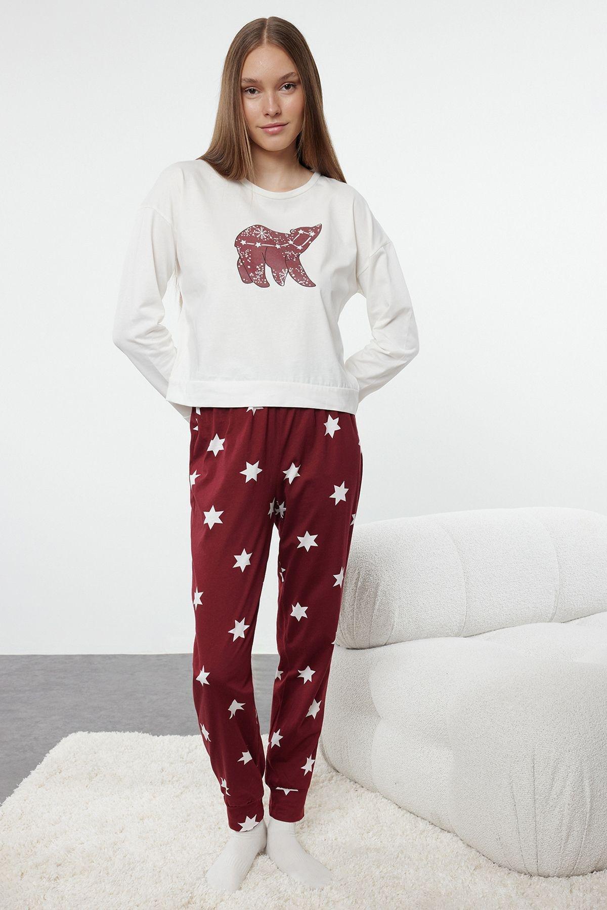 Red Patterned Knitted Pyjamas Set, Burgundy, medium