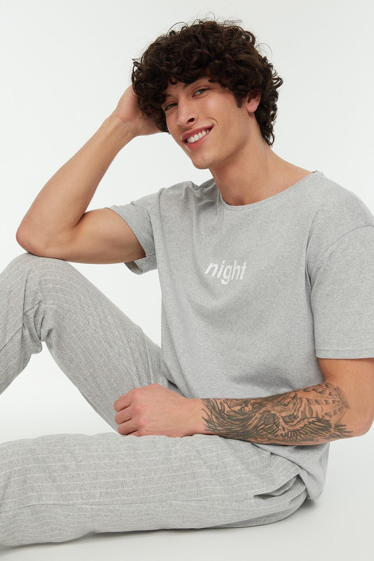 Grey Printed Crew Neck Pajama Set, , large image number 0