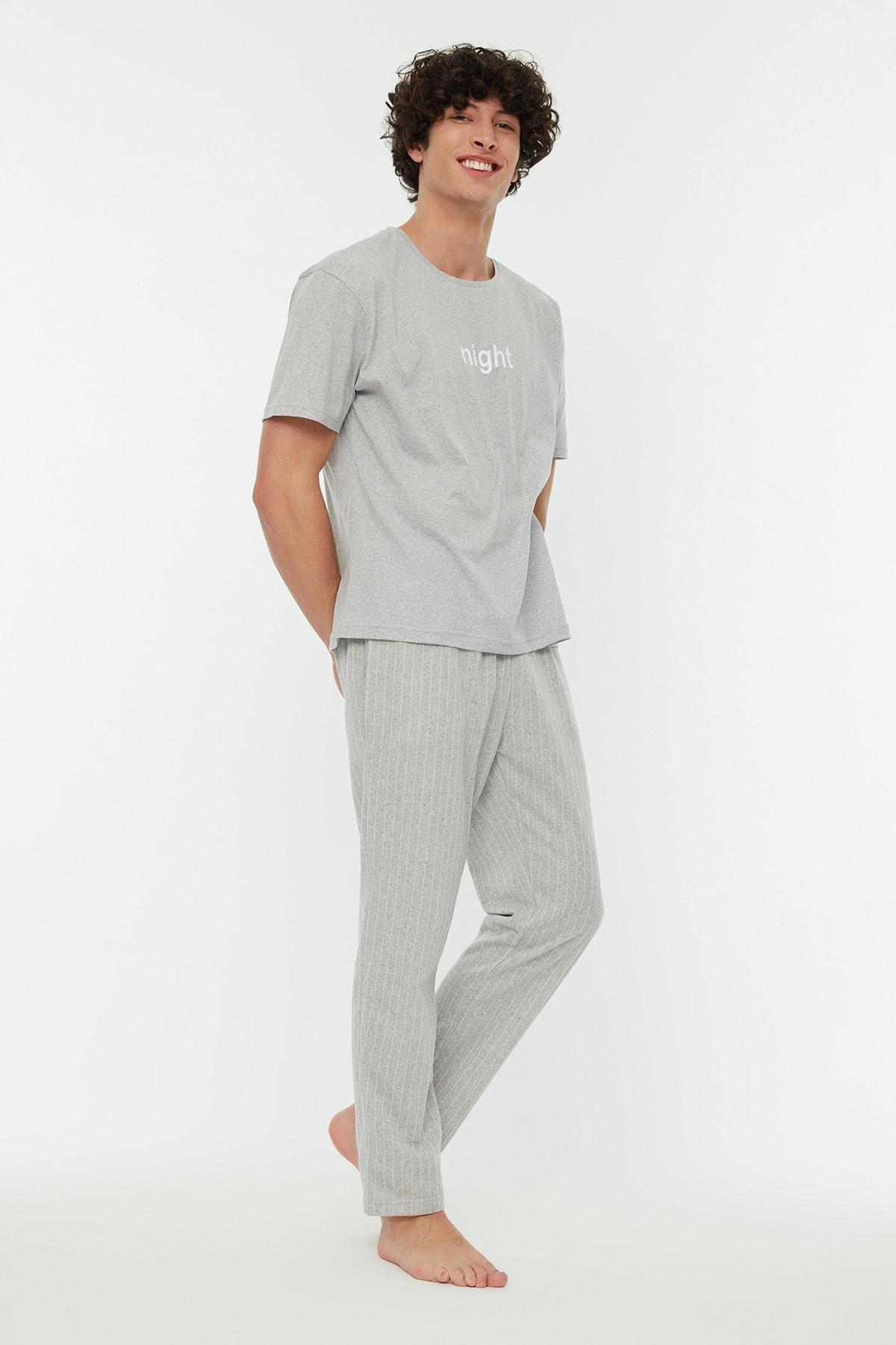 Grey Printed Crew Neck Pajama Set, , large image number 1