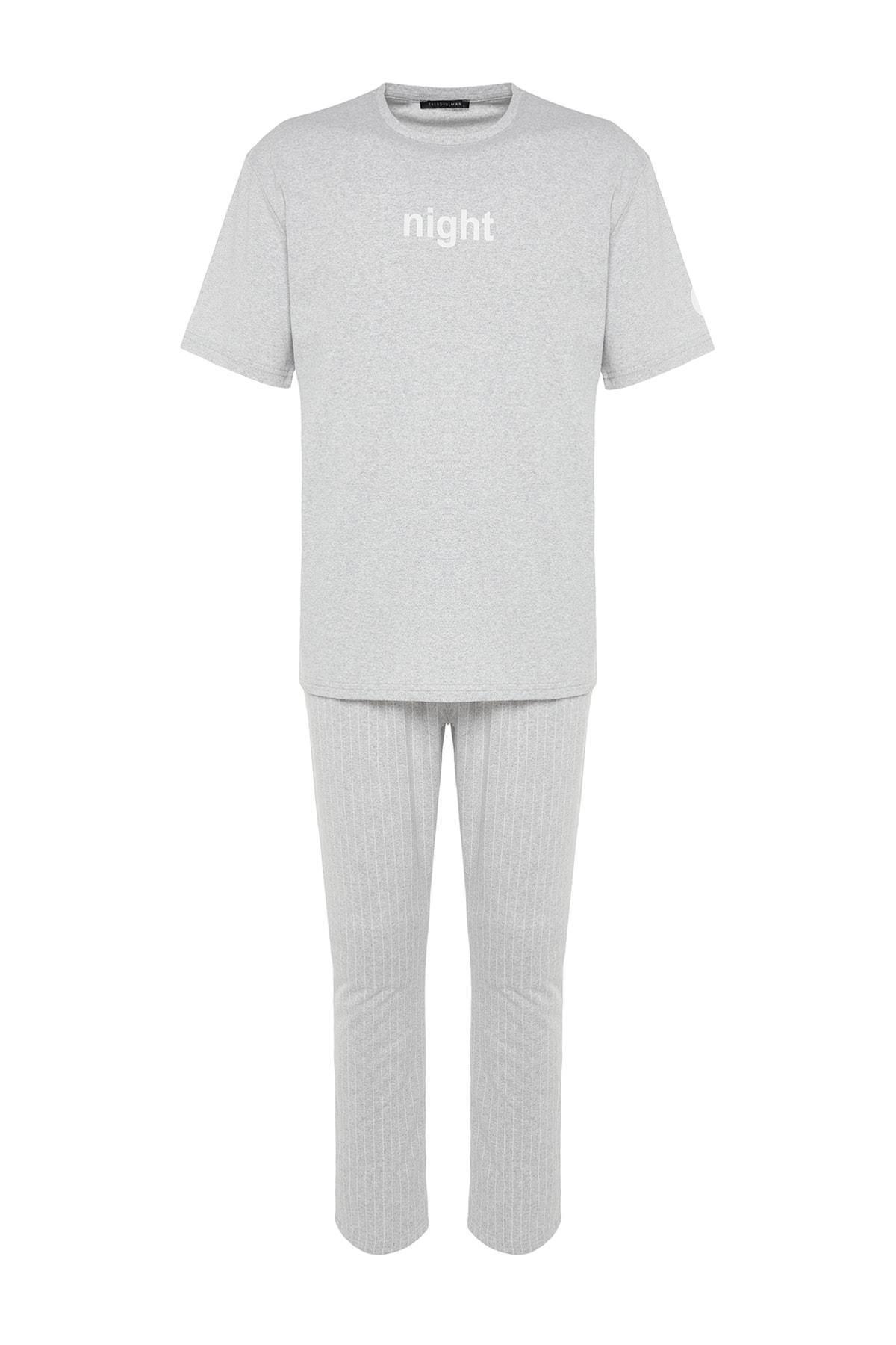 Trendyol - Grey Printed Crew Neck Pajama Set