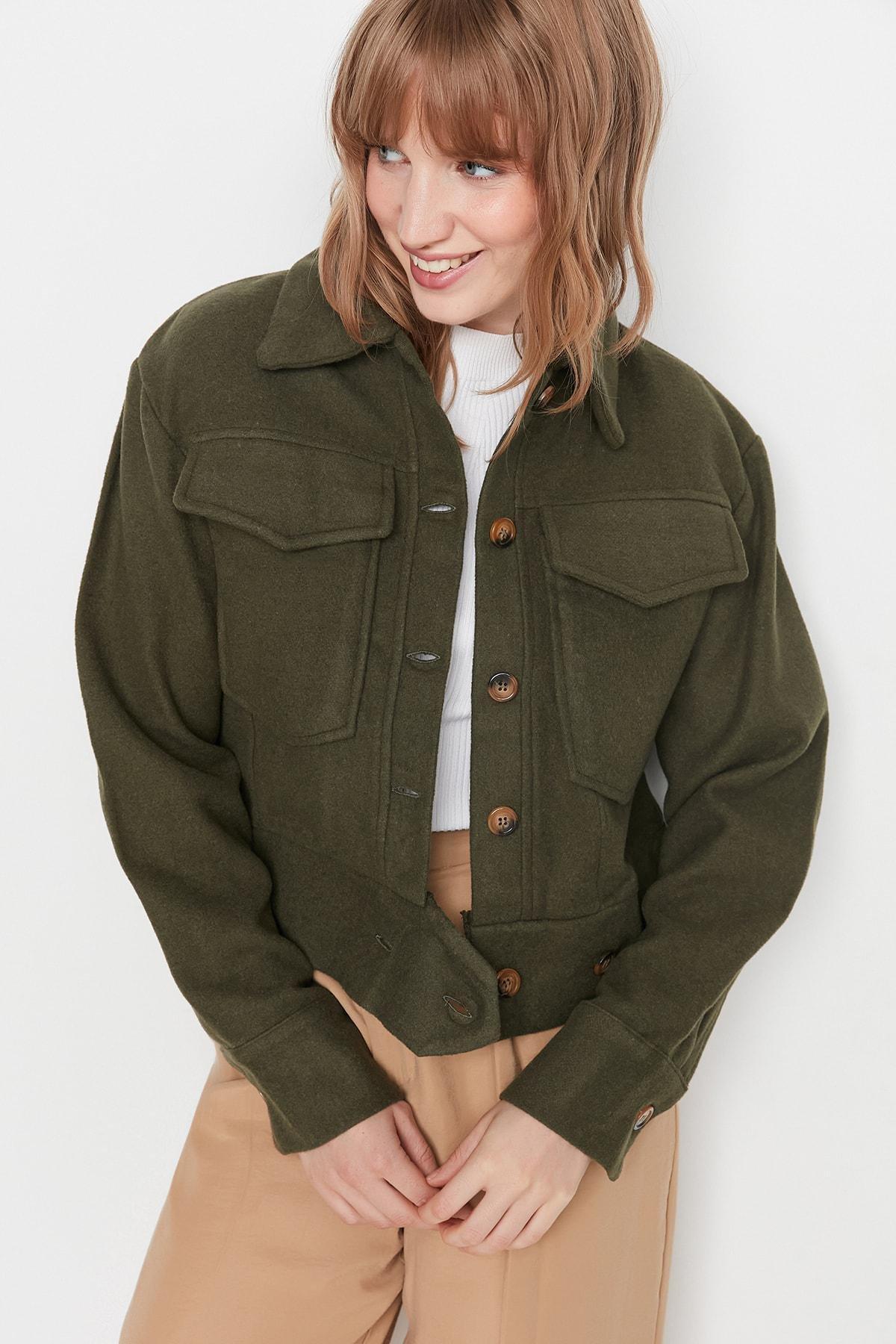 Khaki Shirt Collar Biker Jacket, , large image number 0
