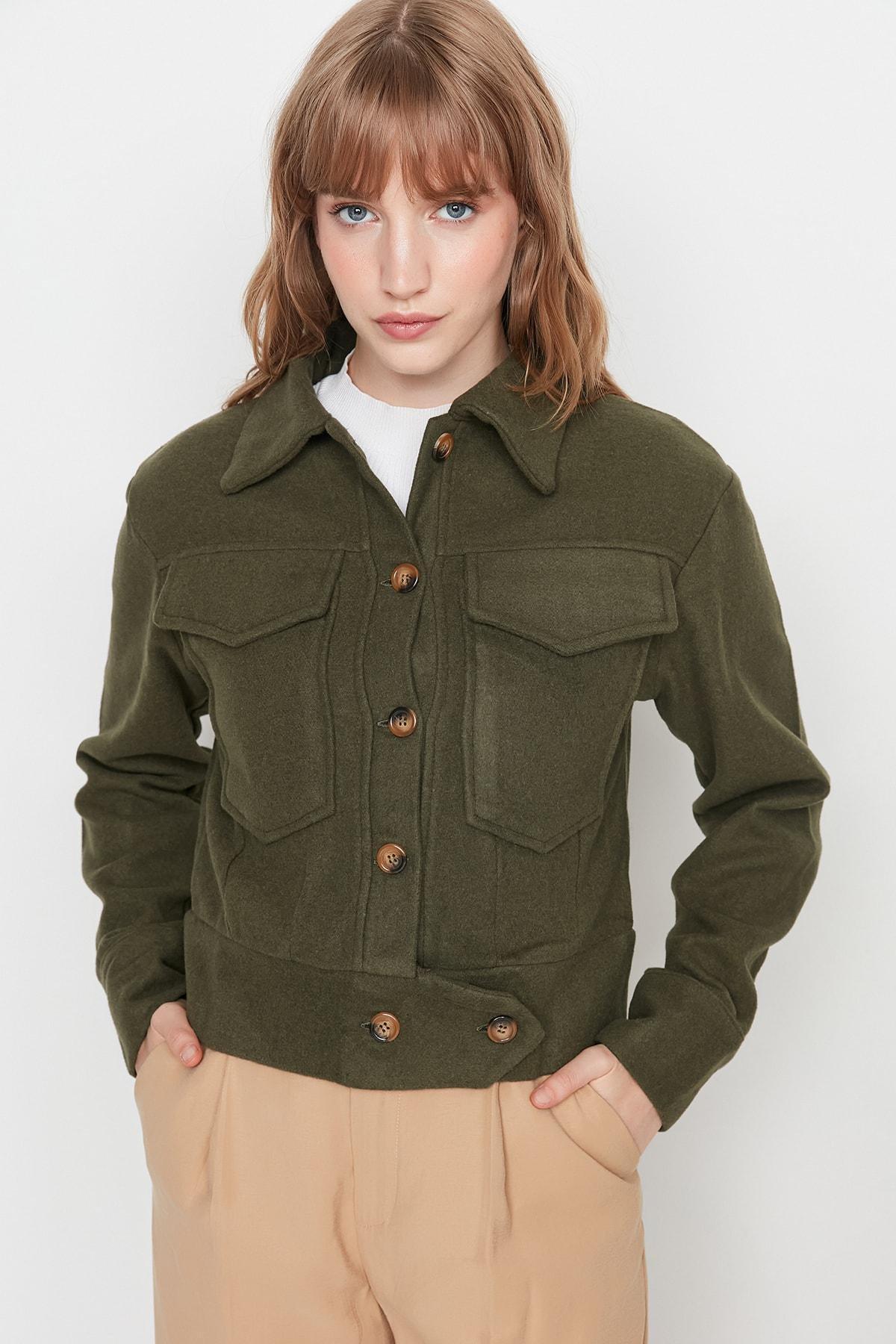 Khaki Shirt Collar Biker Jacket, , large image number 1