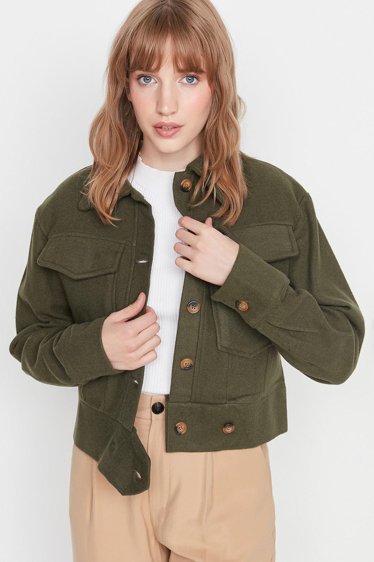 Khaki Shirt Collar Biker Jacket, , large image number 2