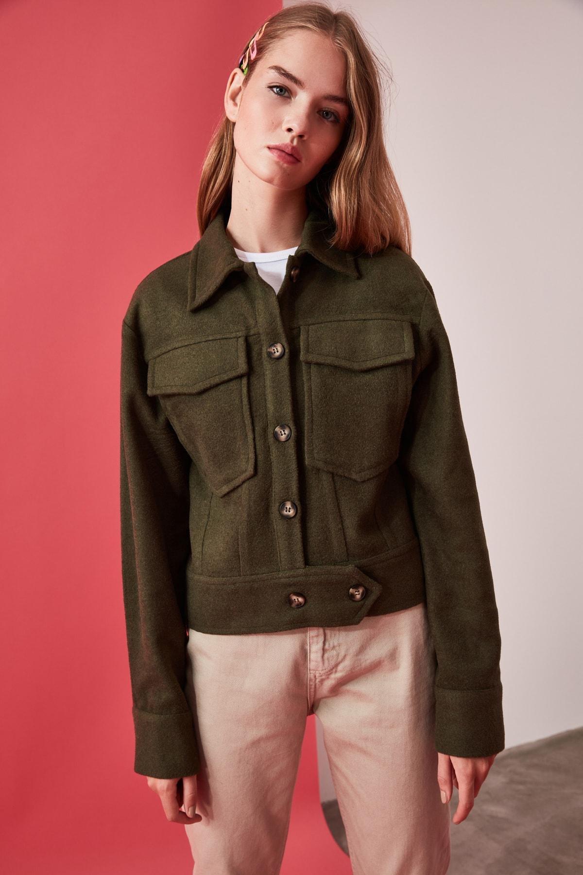Khaki Shirt Collar Biker Jacket, , large image number 5
