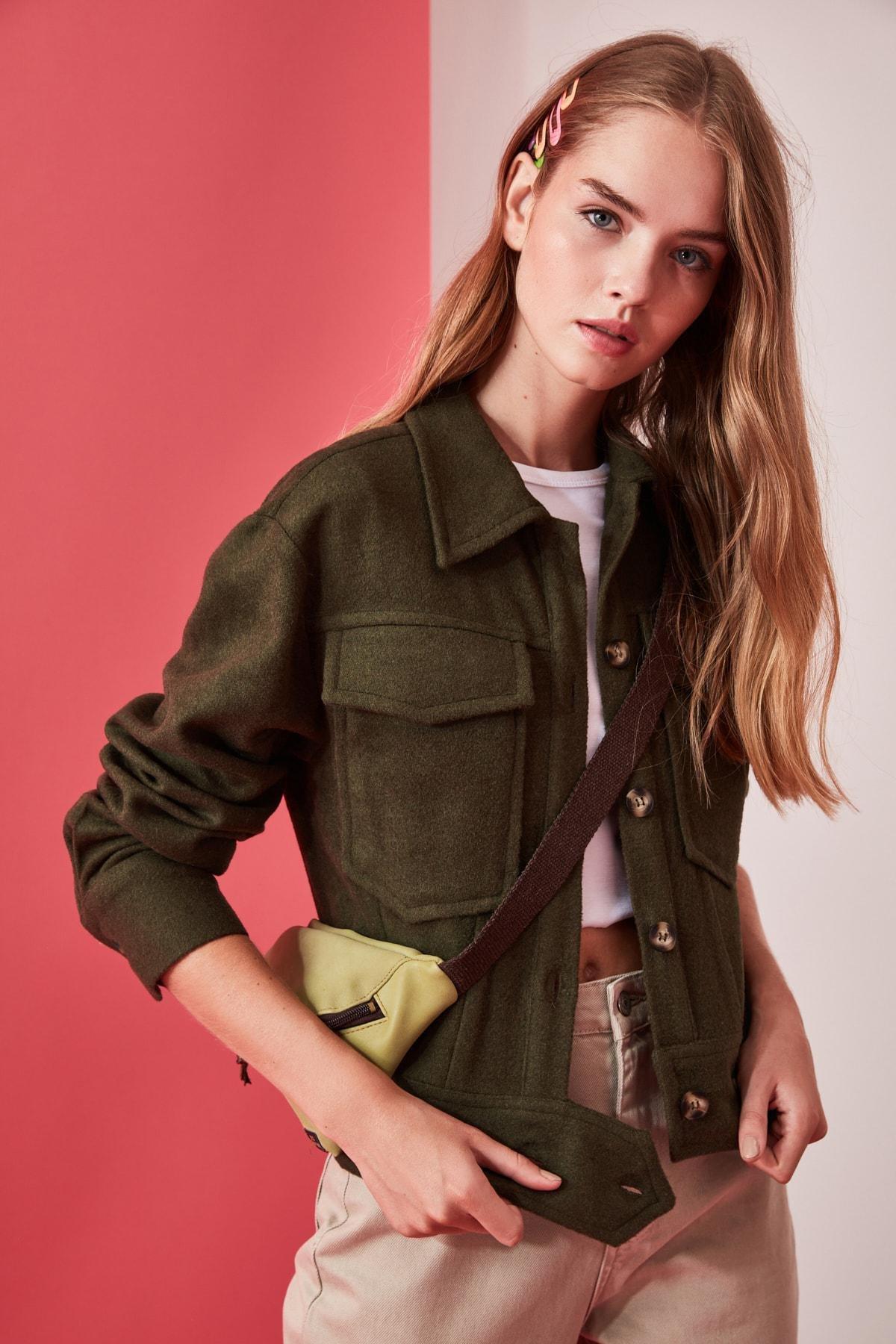 Khaki Shirt Collar Biker Jacket, , large image number 7