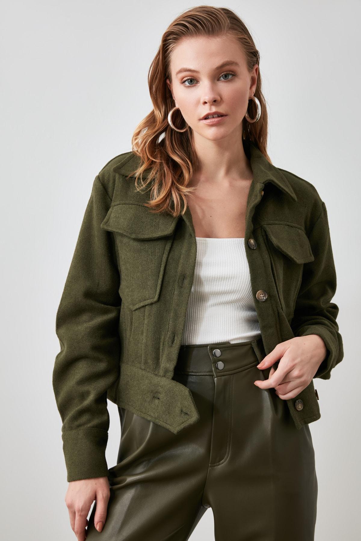 Khaki Shirt Collar Biker Jacket, , large image number 8