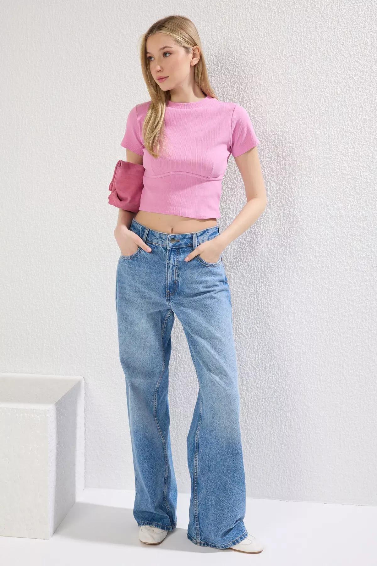 Pink Piping Detail Crop Ribbed Knit Blouse, , large image number 0