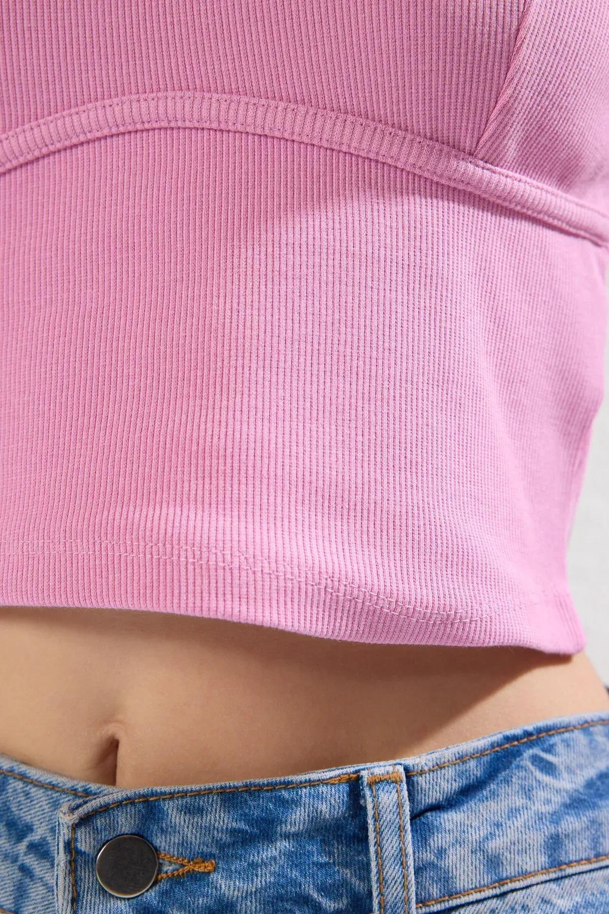 Pink Piping Detail Crop Ribbed Knit Blouse, , large image number 2