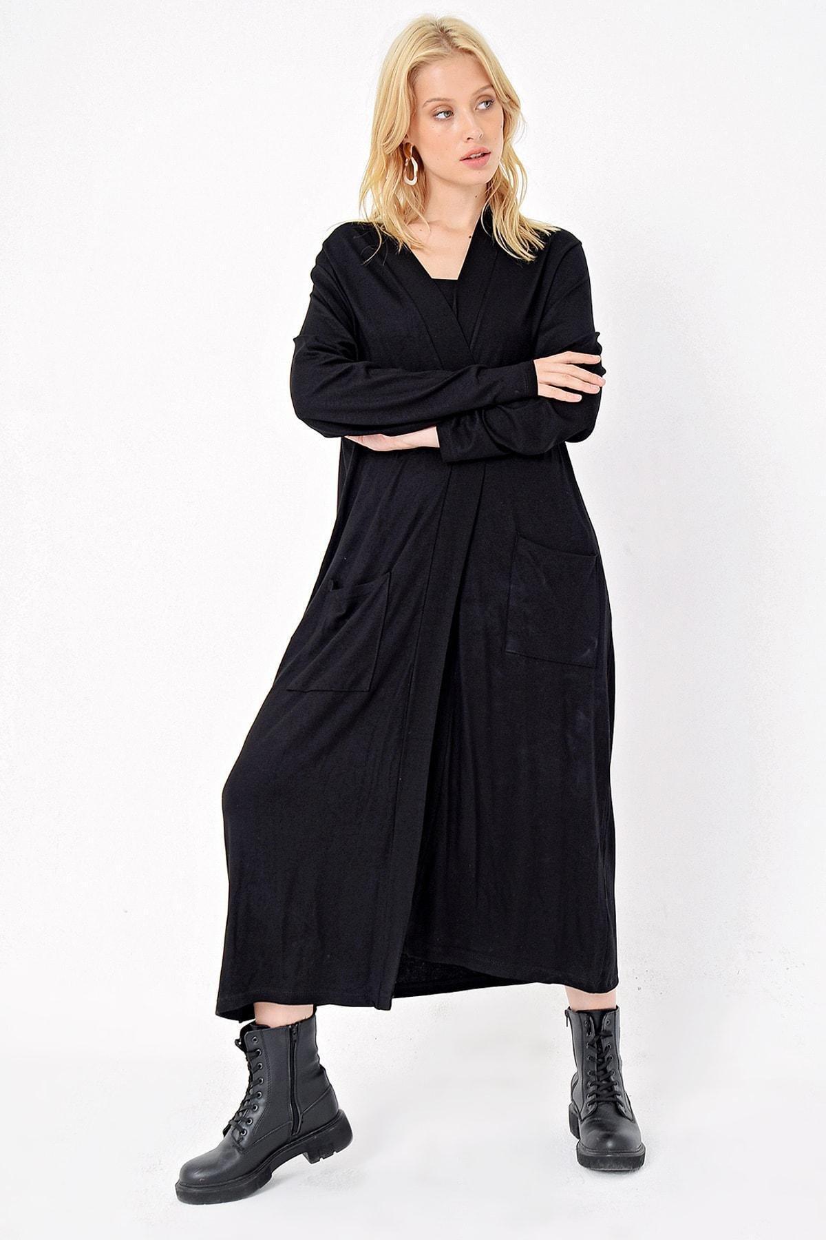 Black Double Pocket Maxi Oversized Cardigan, BLACK, large image number 1