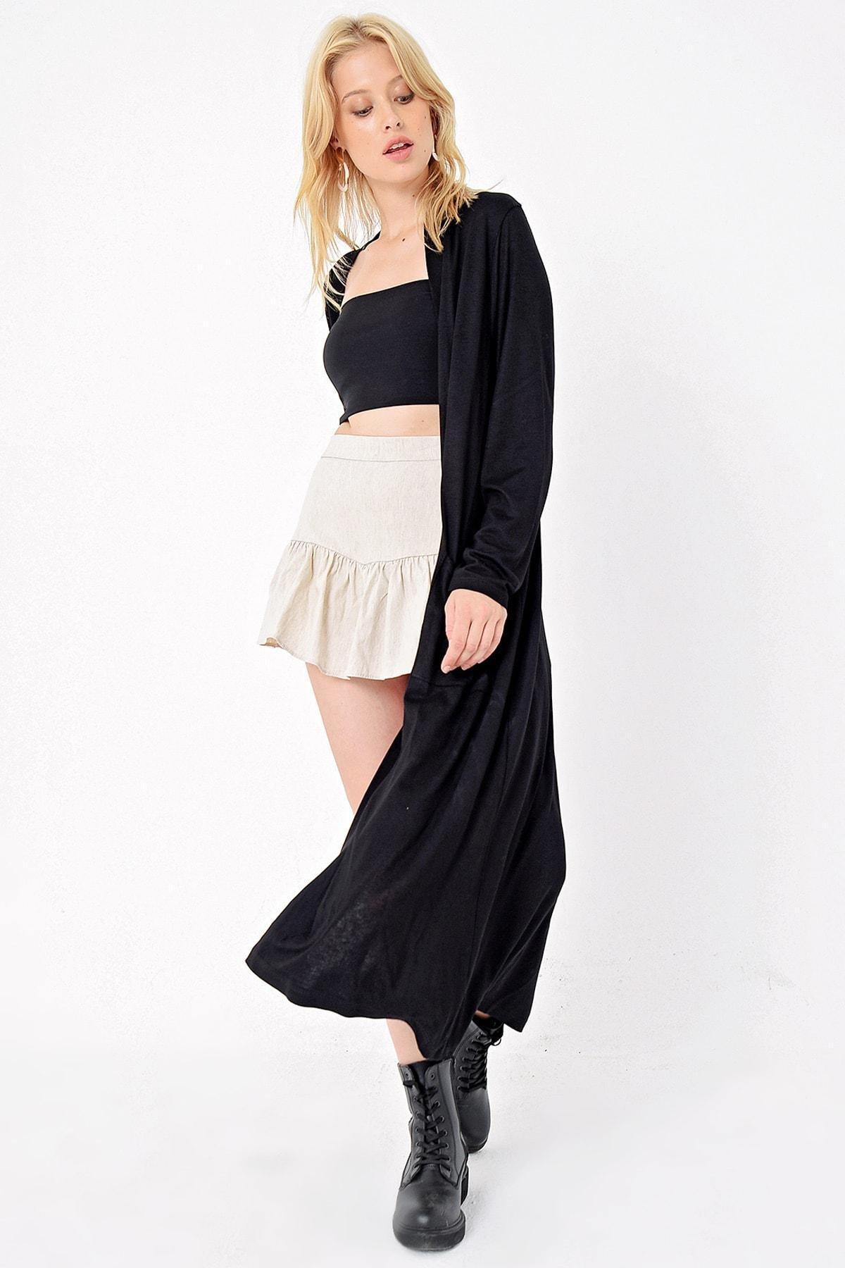 Black Double Pocket Maxi Oversized Cardigan, BLACK, large image number 3