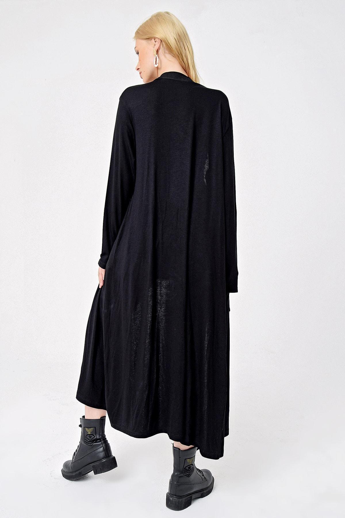 Black Double Pocket Maxi Oversized Cardigan, BLACK, large image number 4