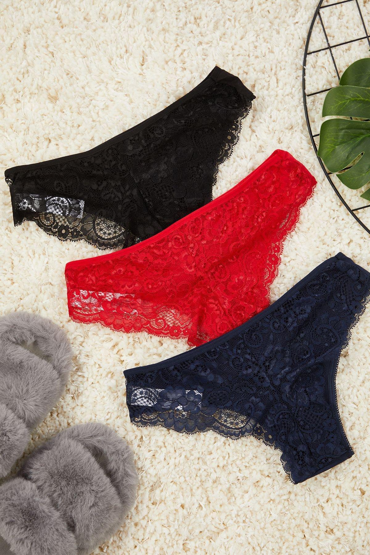 Black-Navy-Red 3-Pack Cotton Lace Brazilian Knitted Panties THMAW21KU0008, 3some, , large image number 7
