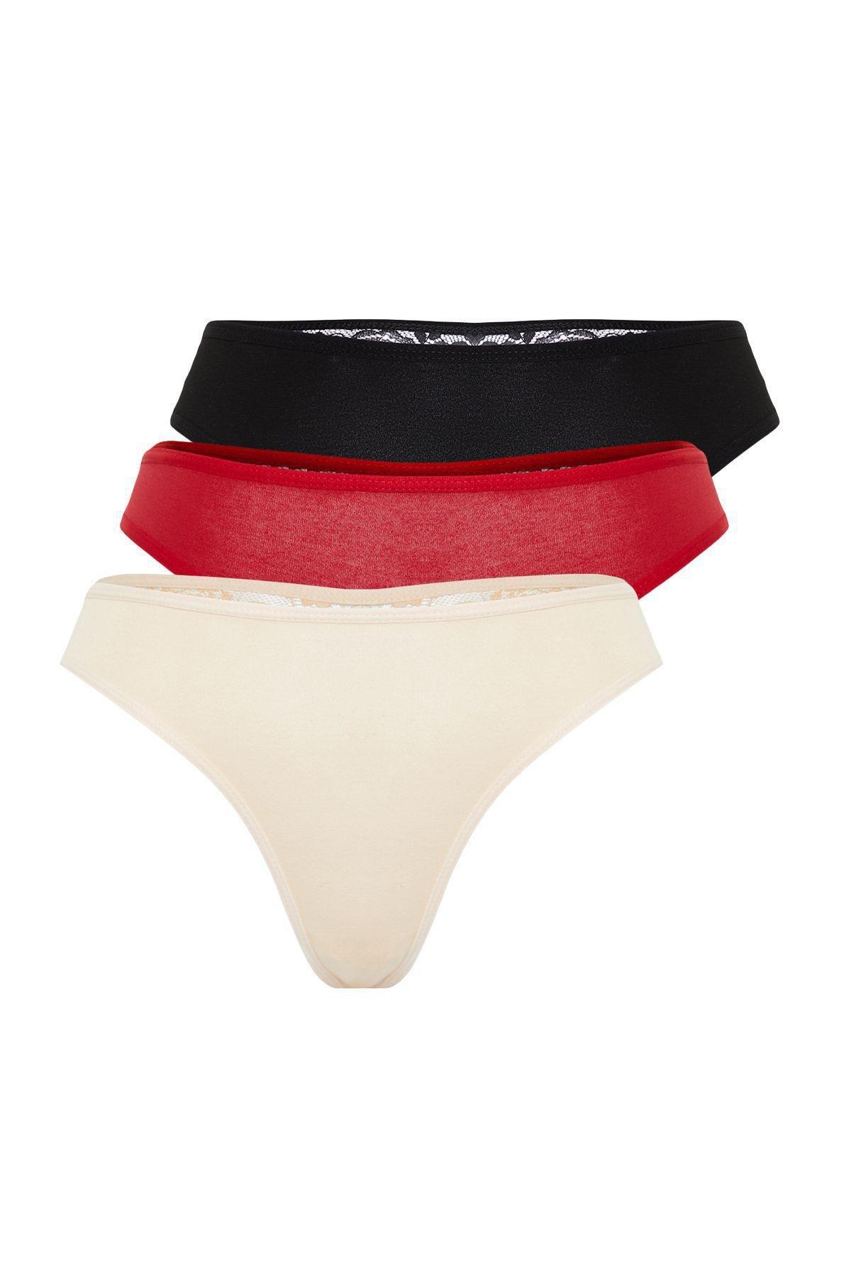 Black-Red-Skin 3-Pack Lace Cotton Thong Knitted Panties THMAW21KU0012, 3some, , large image number 5