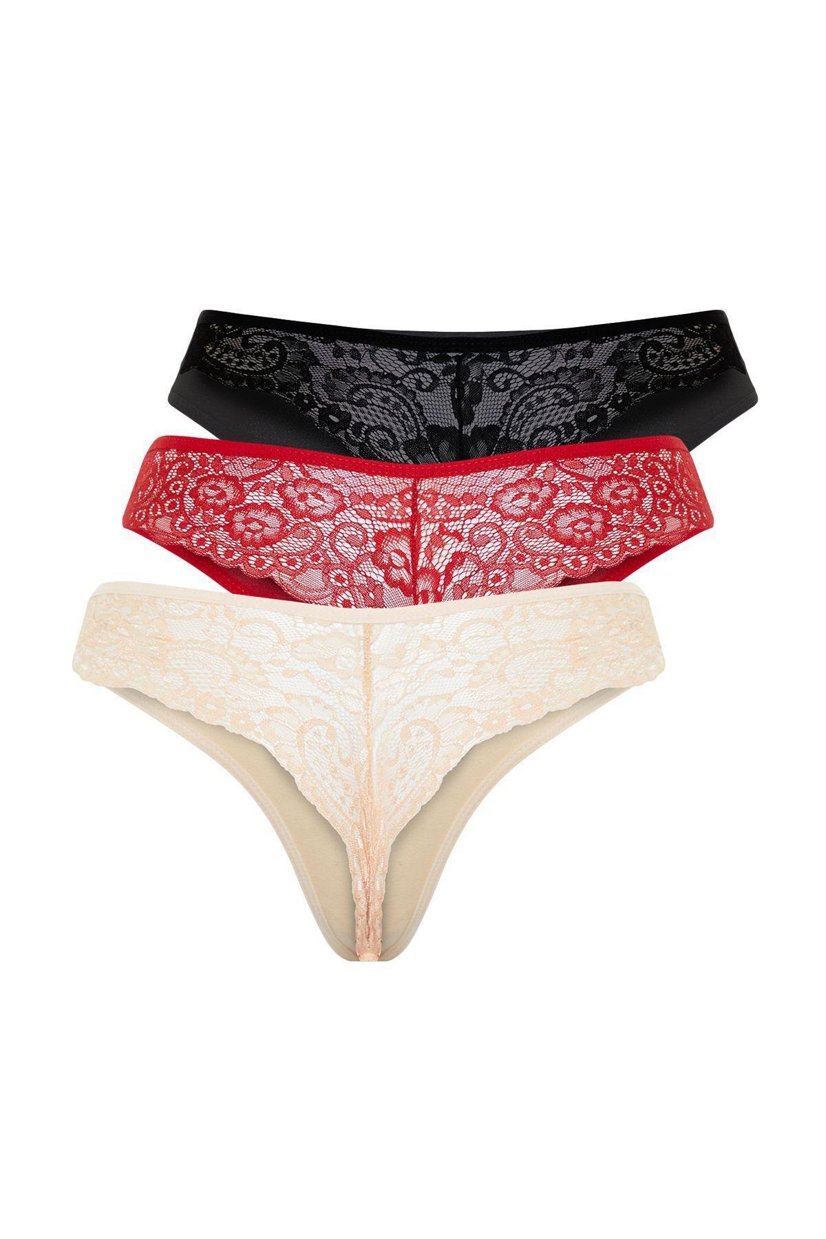 Black-Red-Skin 3-Pack Lace Cotton Thong Knitted Panties THMAW21KU0012, 3some, , large image number 6