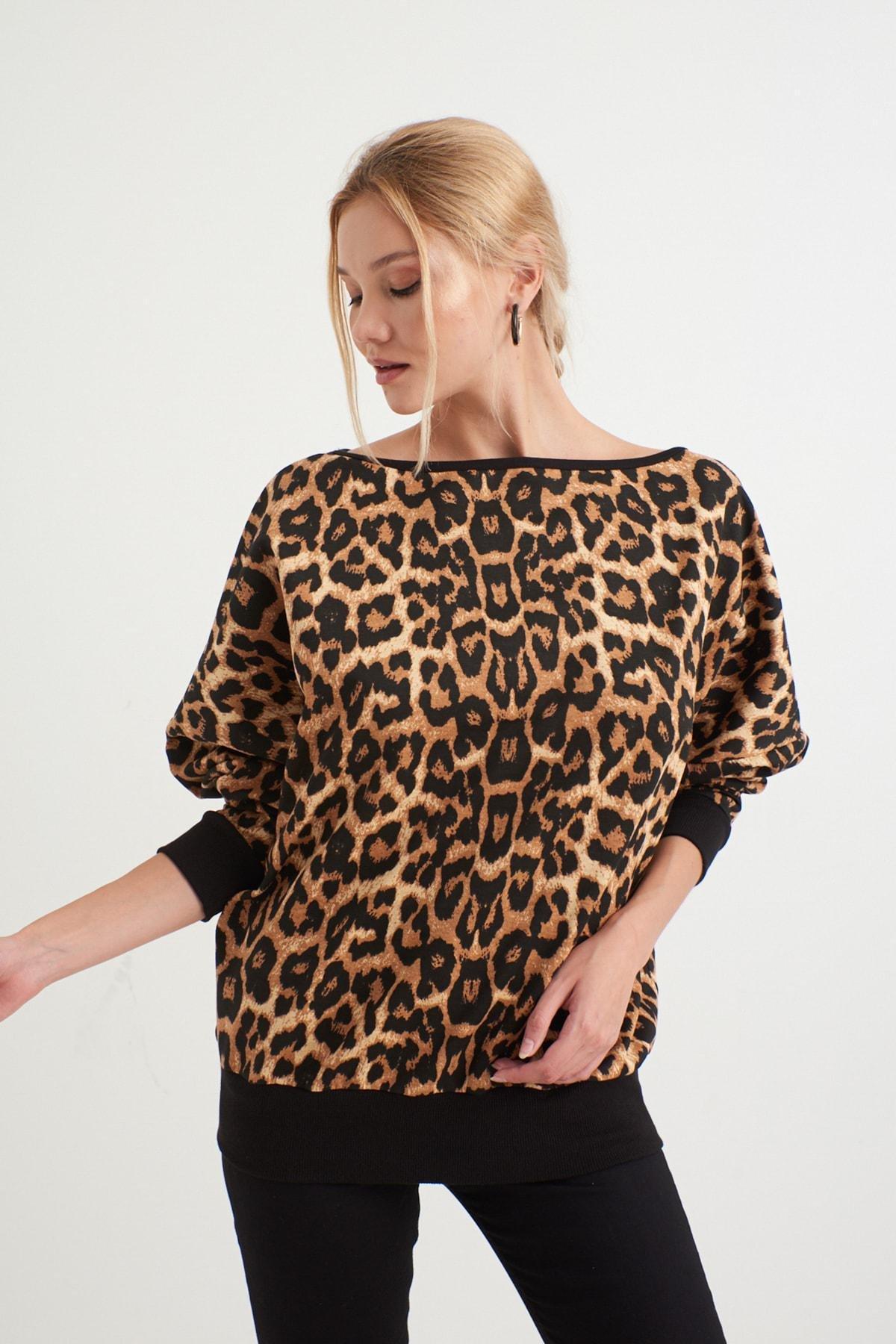 Black Animal Print Crew Neck Sweatshirt, Black-Camel, large image number 0
