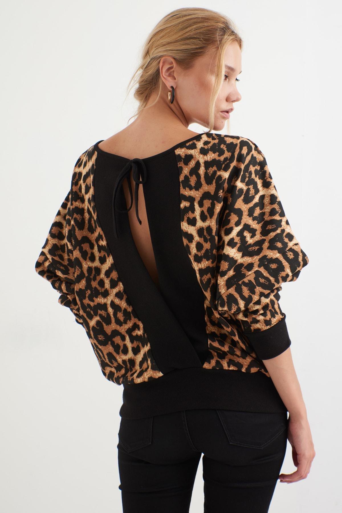 Black Animal Print Crew Neck Sweatshirt, Black-Camel, large image number 1