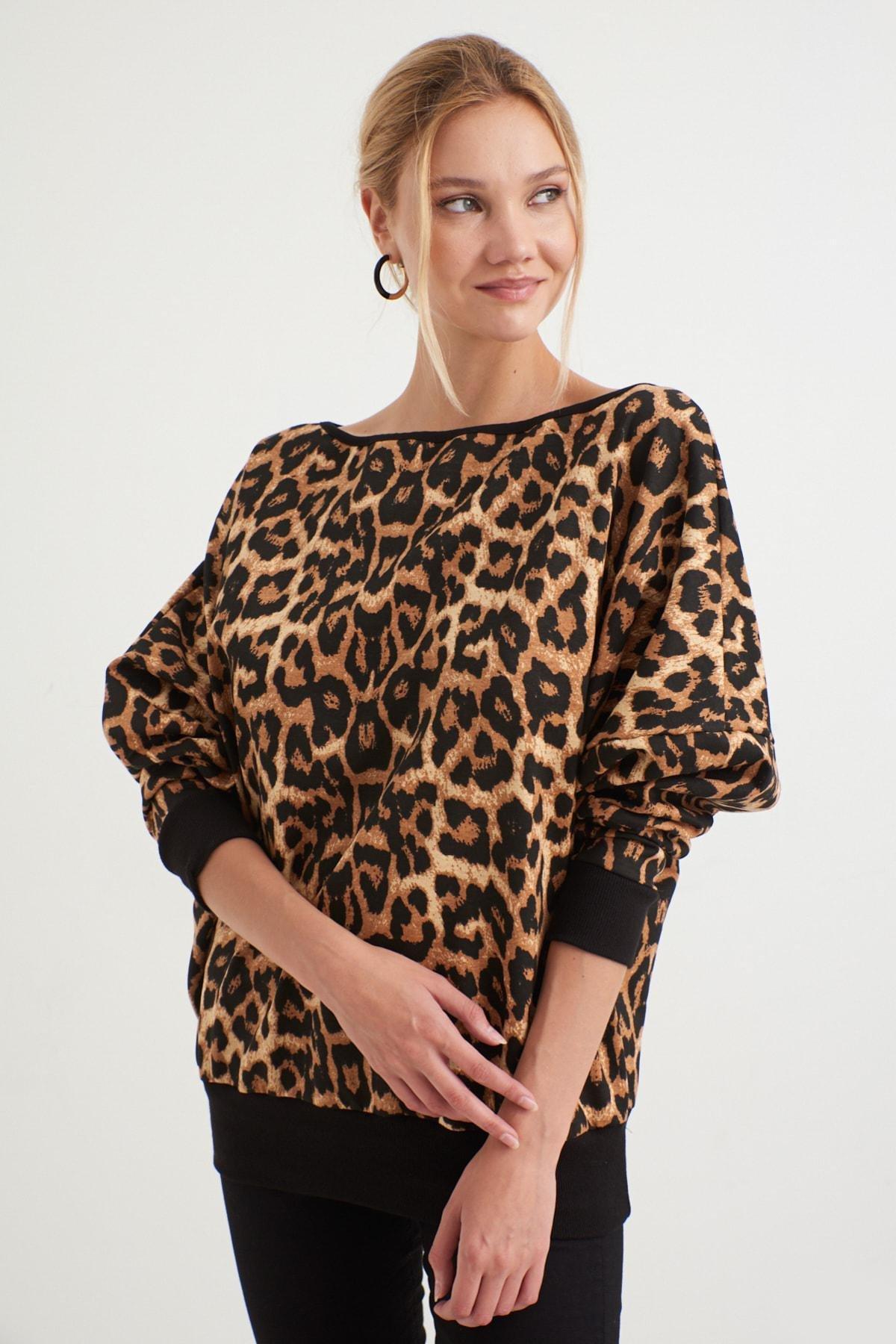 Black Animal Print Crew Neck Sweatshirt, Black-Camel, large image number 2