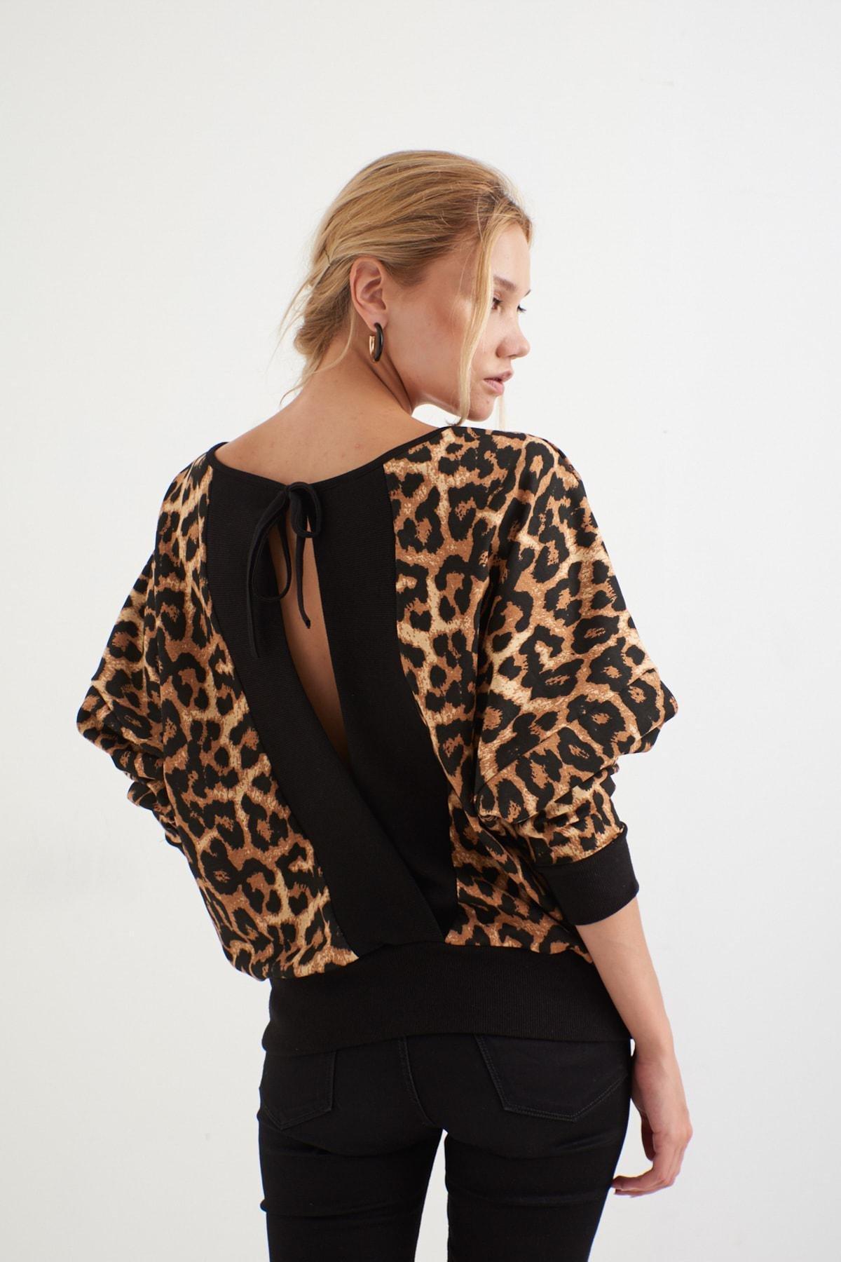 Black Animal Print Crew Neck Sweatshirt, Black-Camel, large image number 3