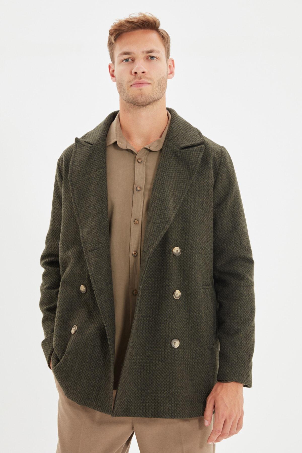 Khaki Knitted Lapel Collar Coat, , medium