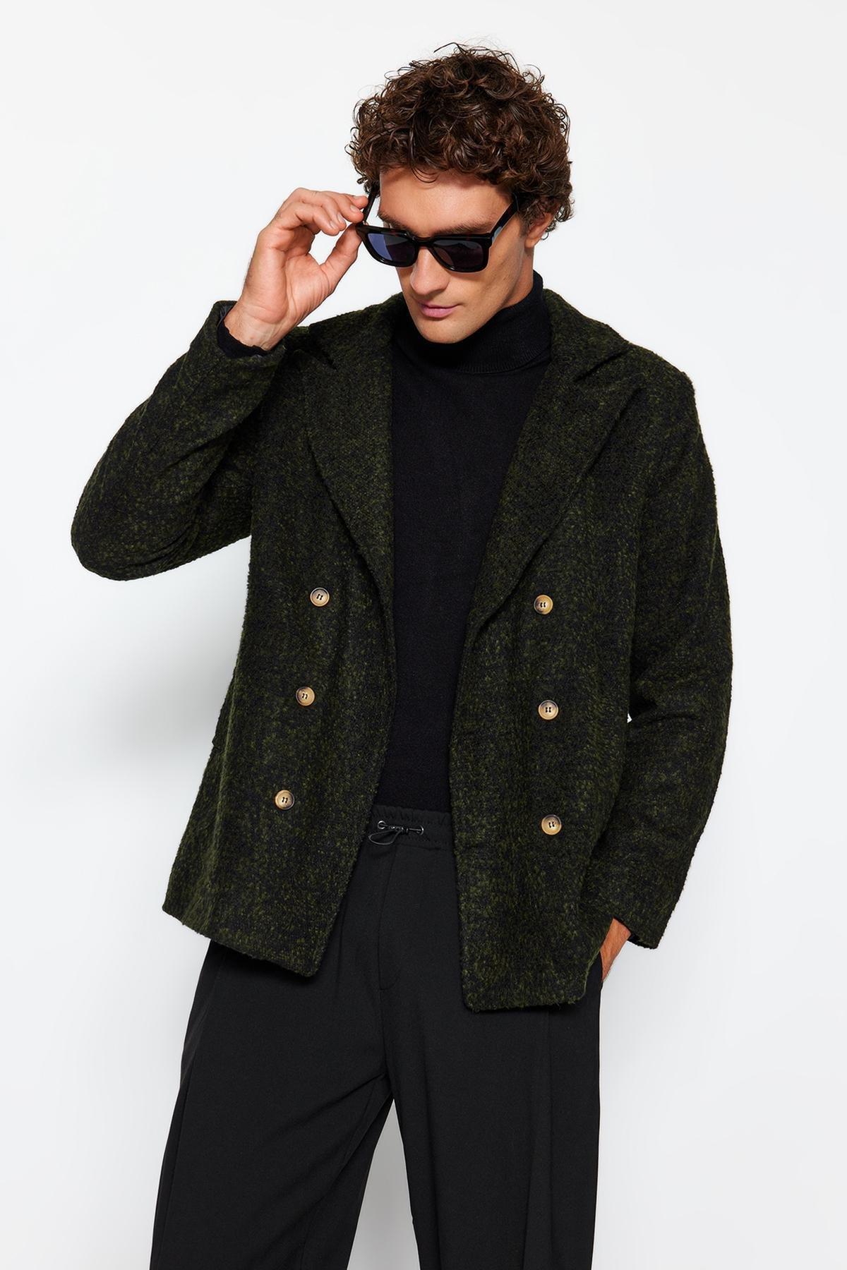 Khaki Knitted Lapel Collar Coat, , large image number 1