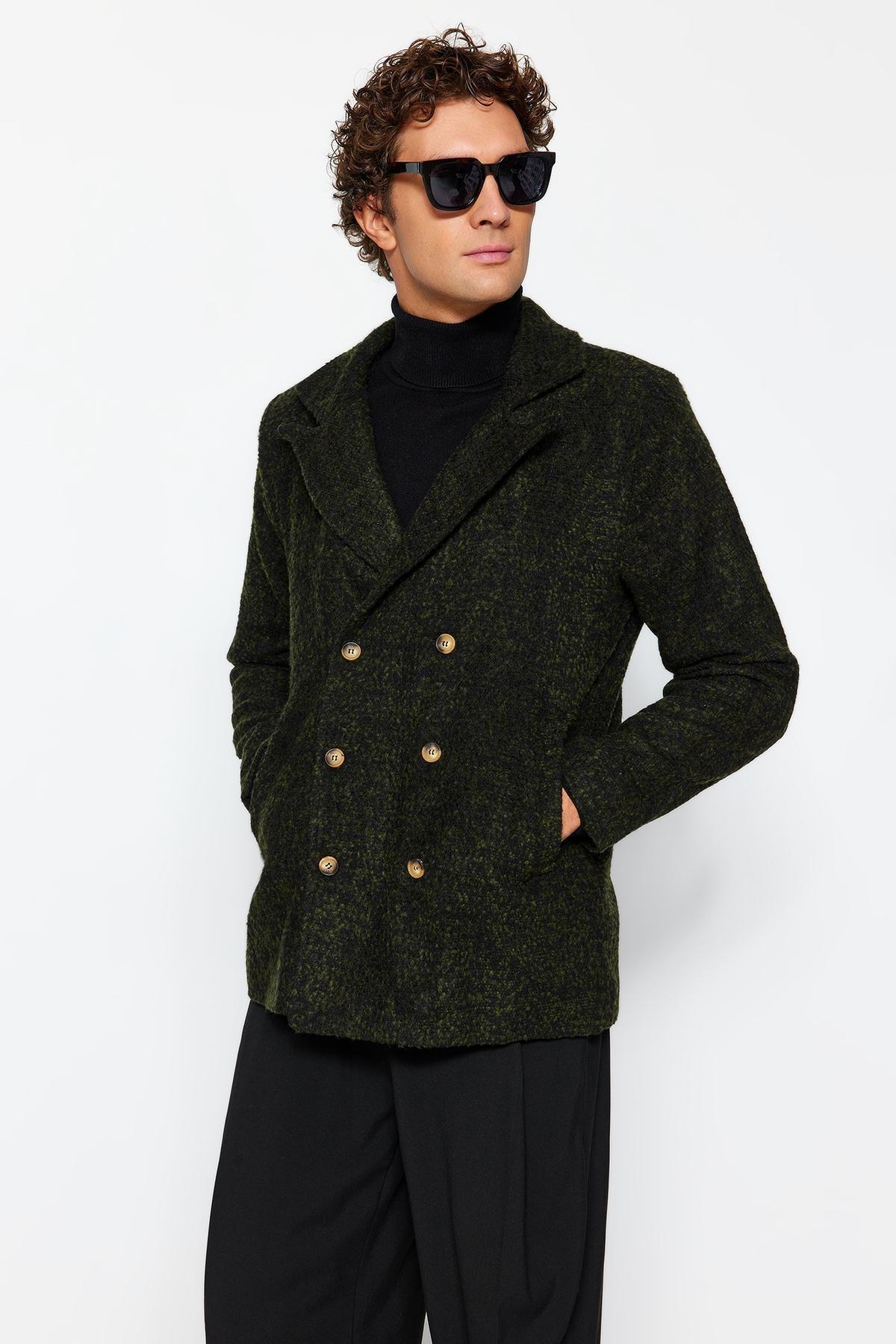 Khaki Knitted Lapel Collar Coat, , large image number 3