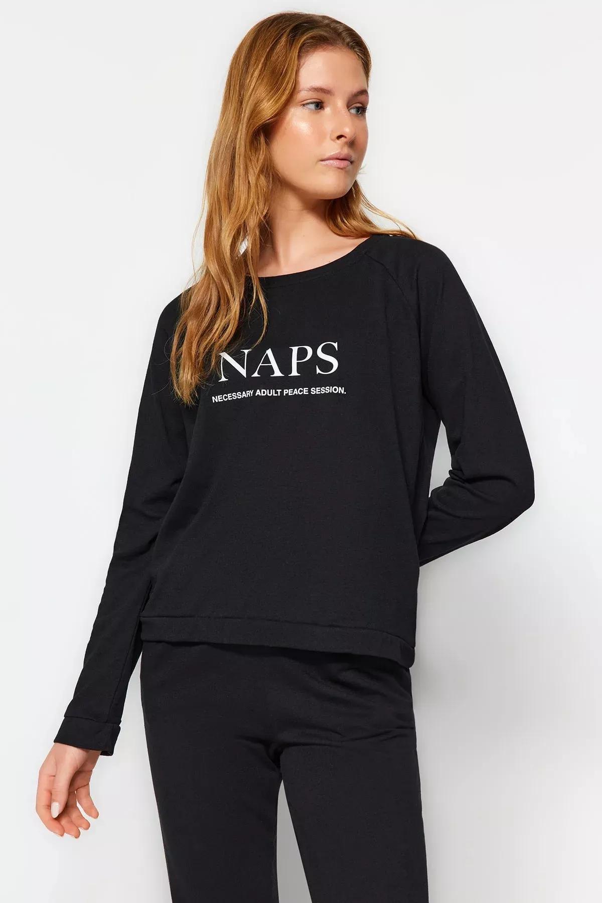 Black Printed Pajama Set, Black, large image number 0