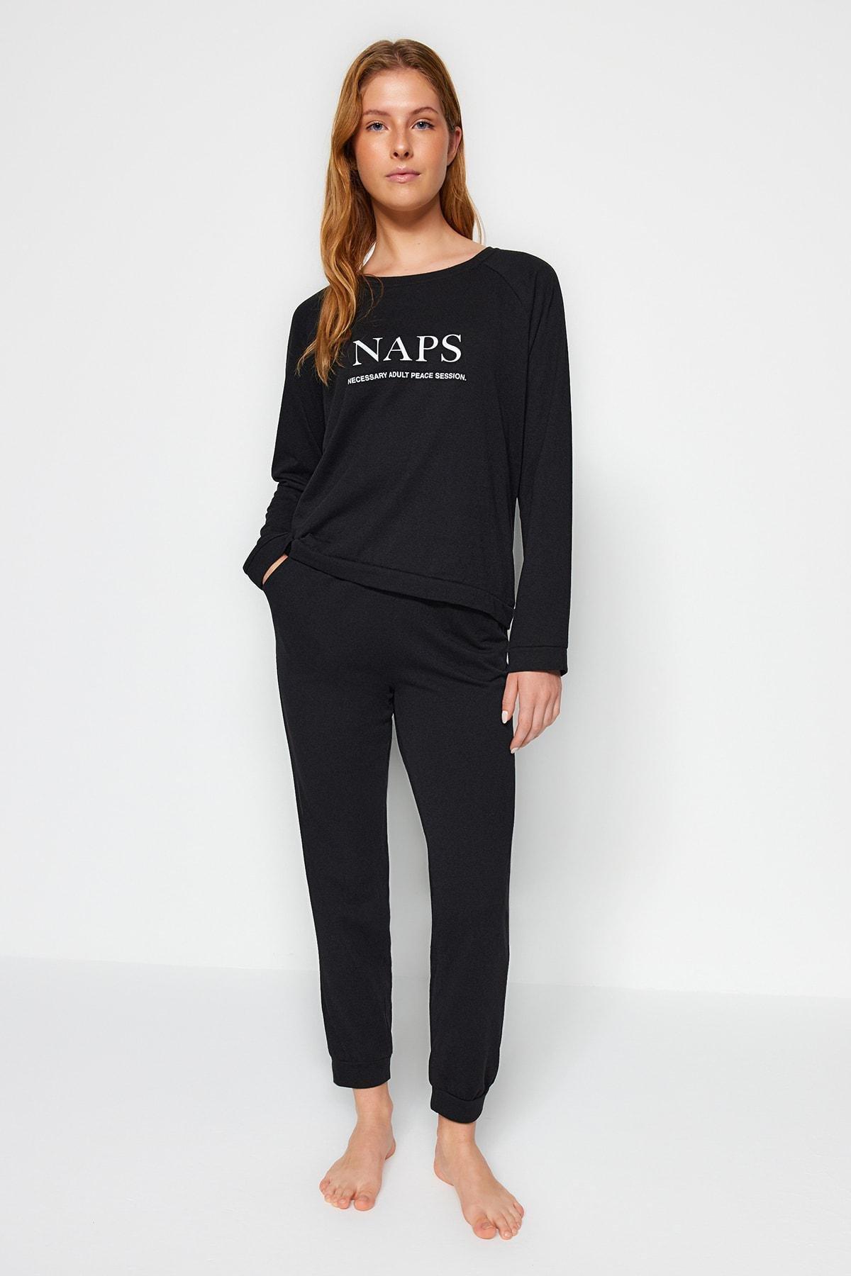 Black Printed Pajama Set, Black, large image number 1