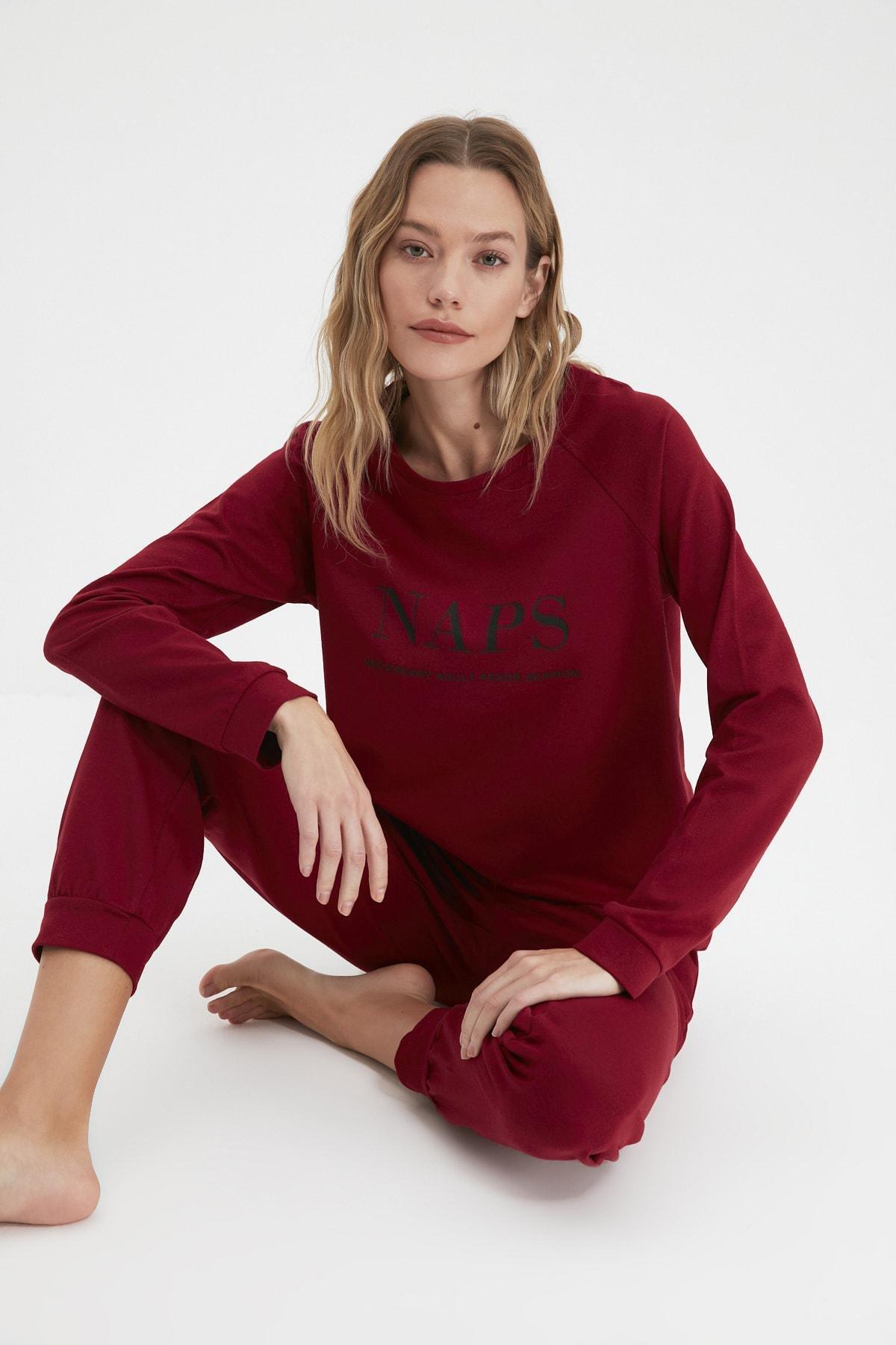 Burgundy Printed Pajama Set, Burgundy, large image number 0