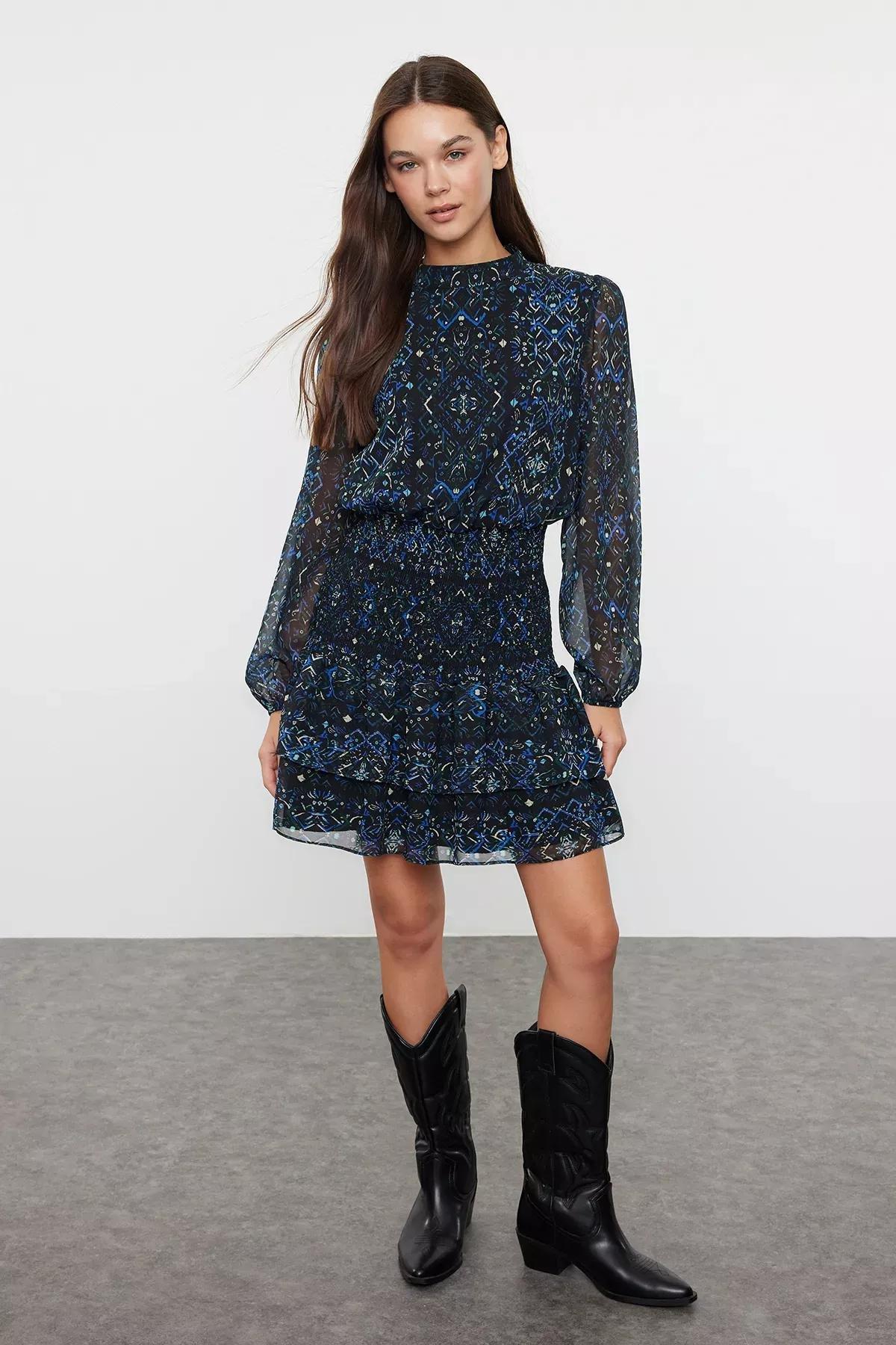 Navy Shawl Pattern Woven Winter Dress, , large image number 0