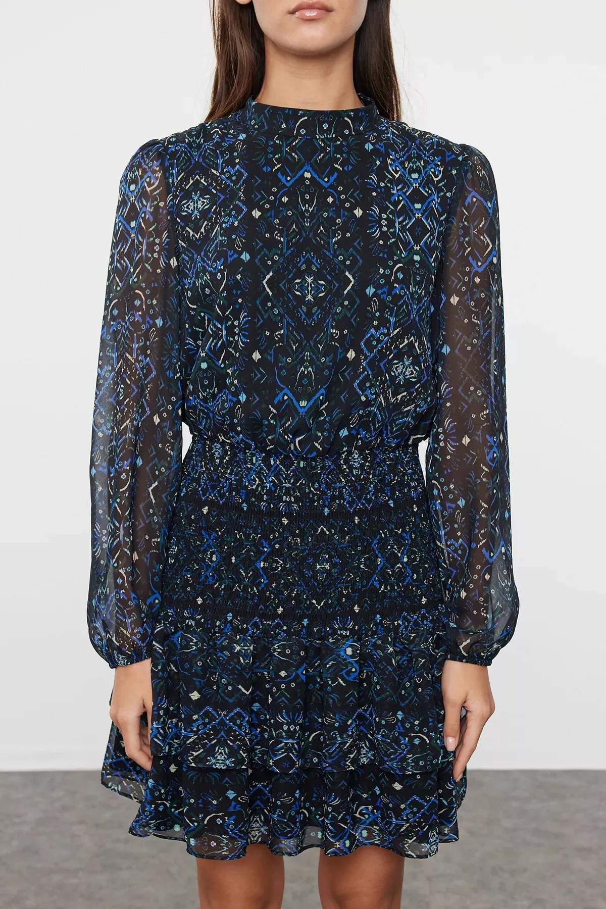 Navy Shawl Pattern Woven Winter Dress, , large image number 2