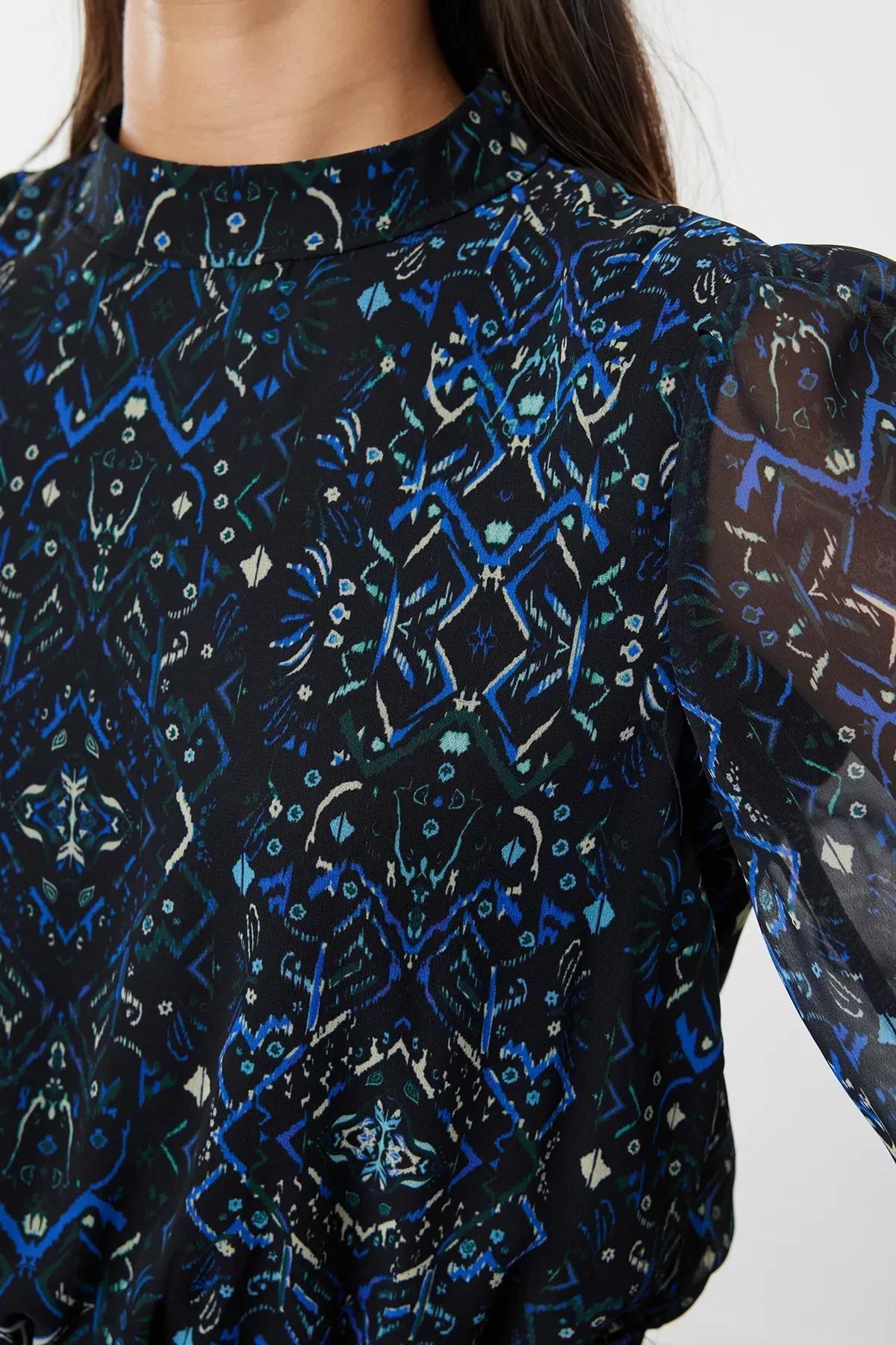 Navy Shawl Pattern Woven Winter Dress, , large image number 3