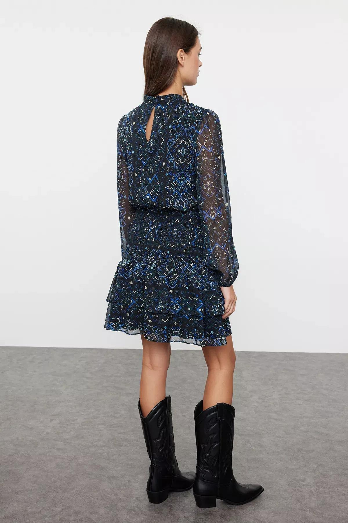Navy Shawl Pattern Woven Winter Dress, , large image number 4