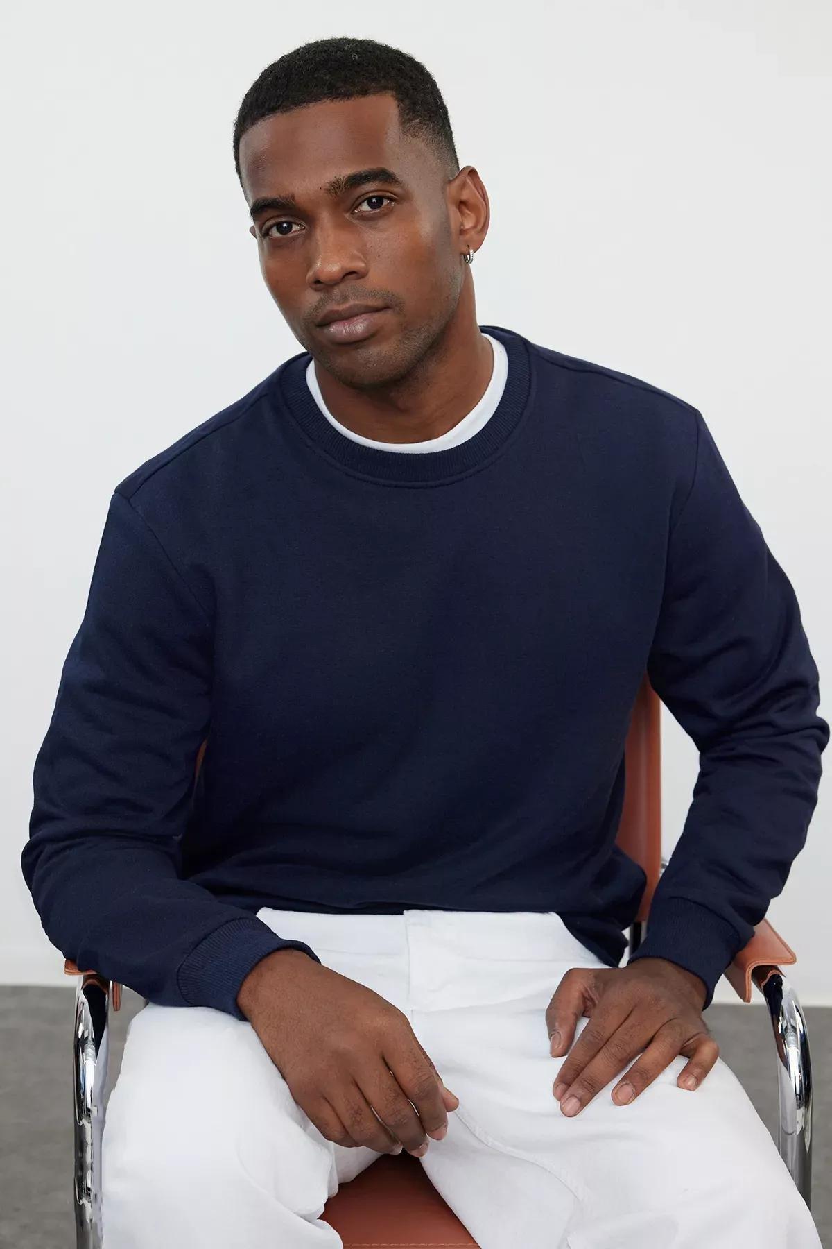 Blue Crew Neck Sweatshirt, Dark blue, medium