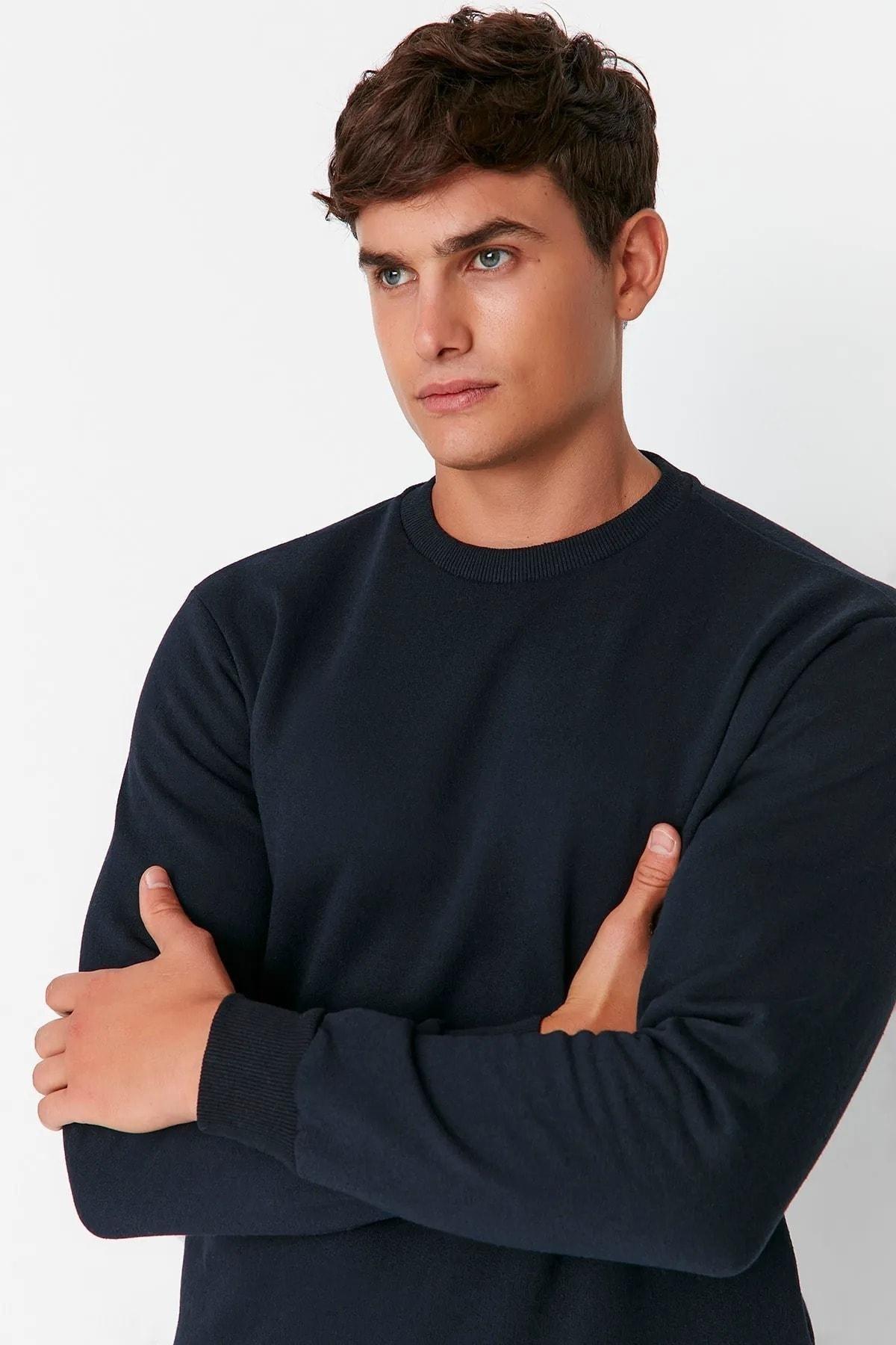 Blue Crew Neck Sweatshirt, Dark blue, medium