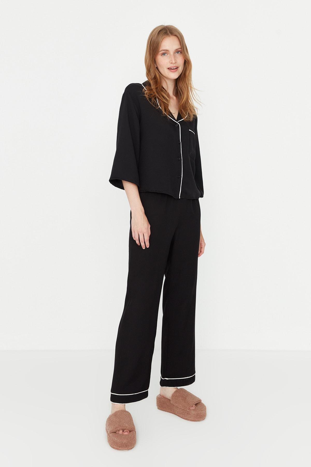 Black Plain Mid Waist Pajama Set, , large image number 1