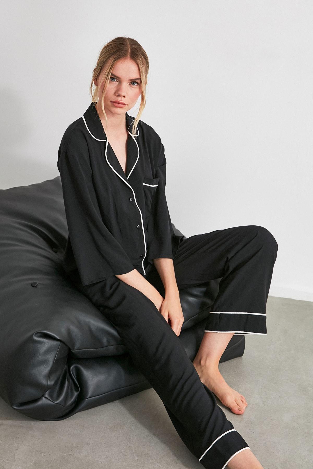 Black Plain Mid Waist Pajama Set, , large image number 5