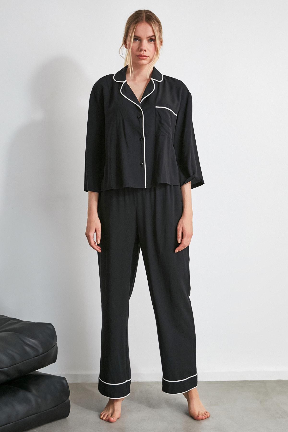 Black Plain Mid Waist Pajama Set, , large image number 6