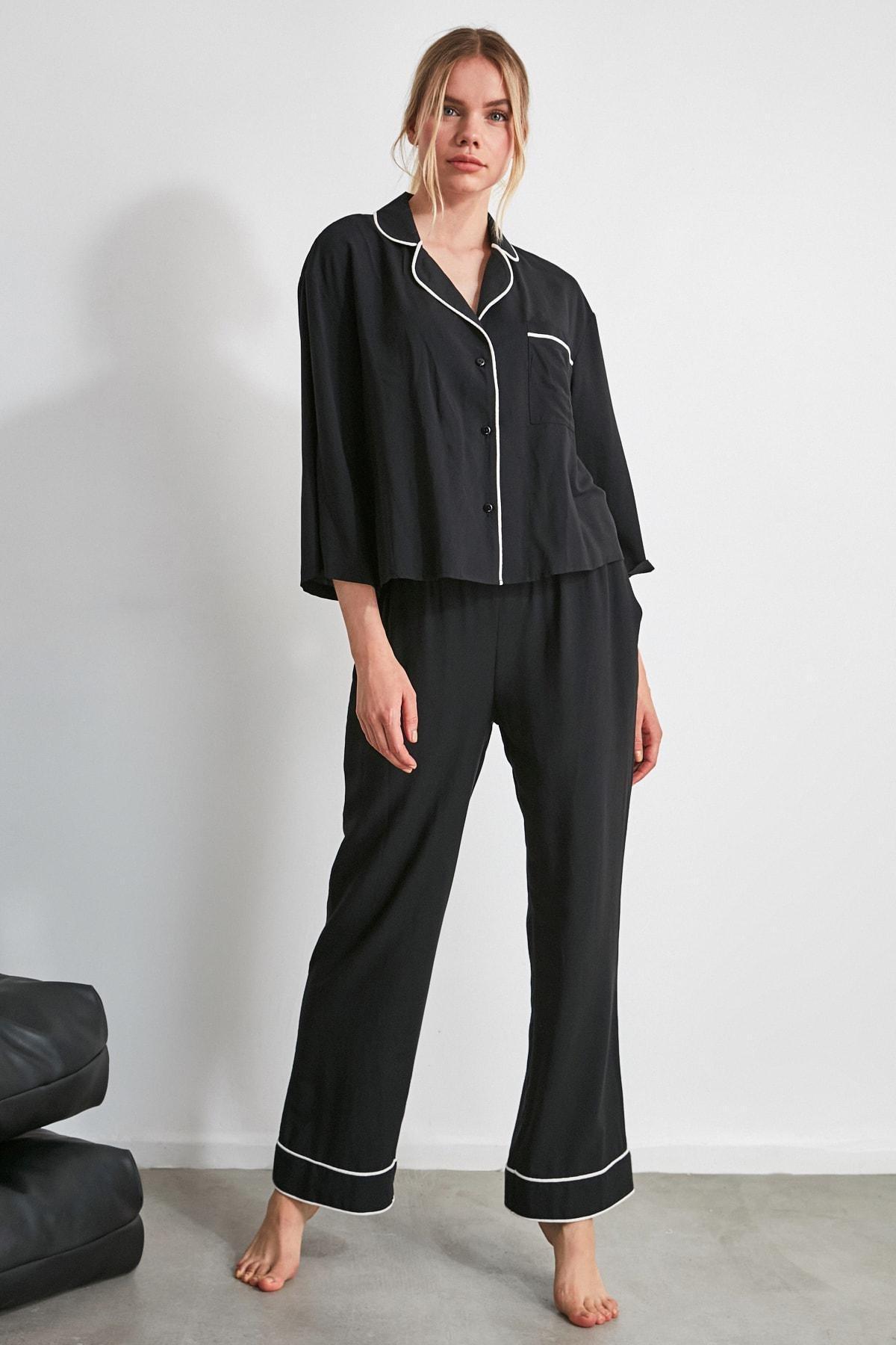 Black Plain Mid Waist Pajama Set, , large image number 7