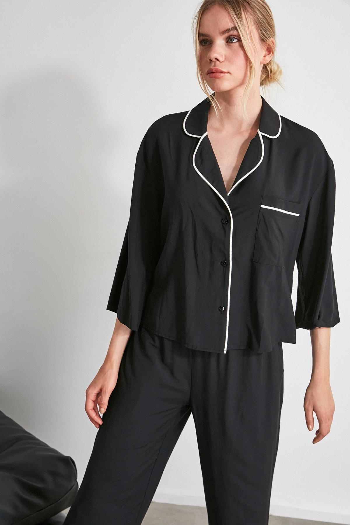Black Plain Mid Waist Pajama Set, , large image number 8