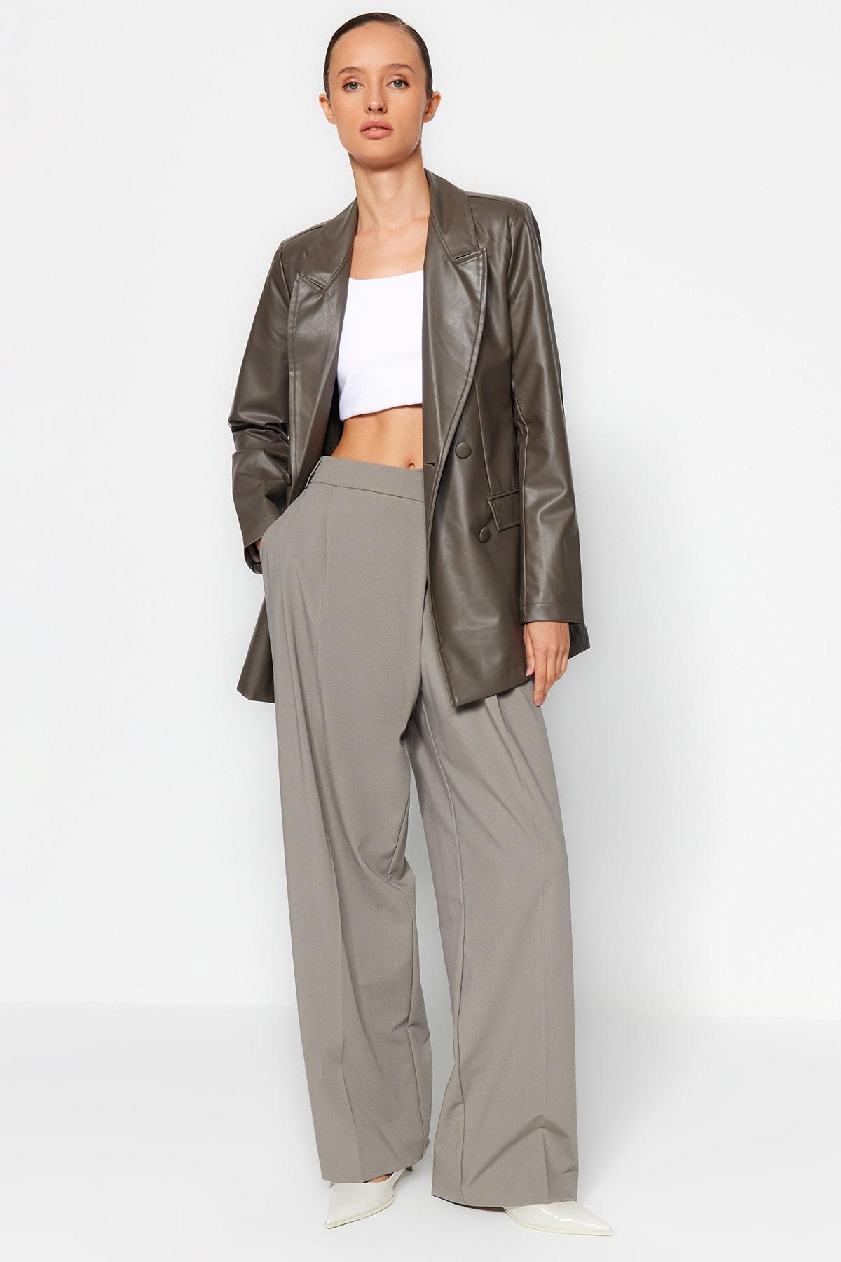 Grey Faux Leather Lined Double-Breasted Closure Woven Blazer Jacket, Anthracite, large image number 0