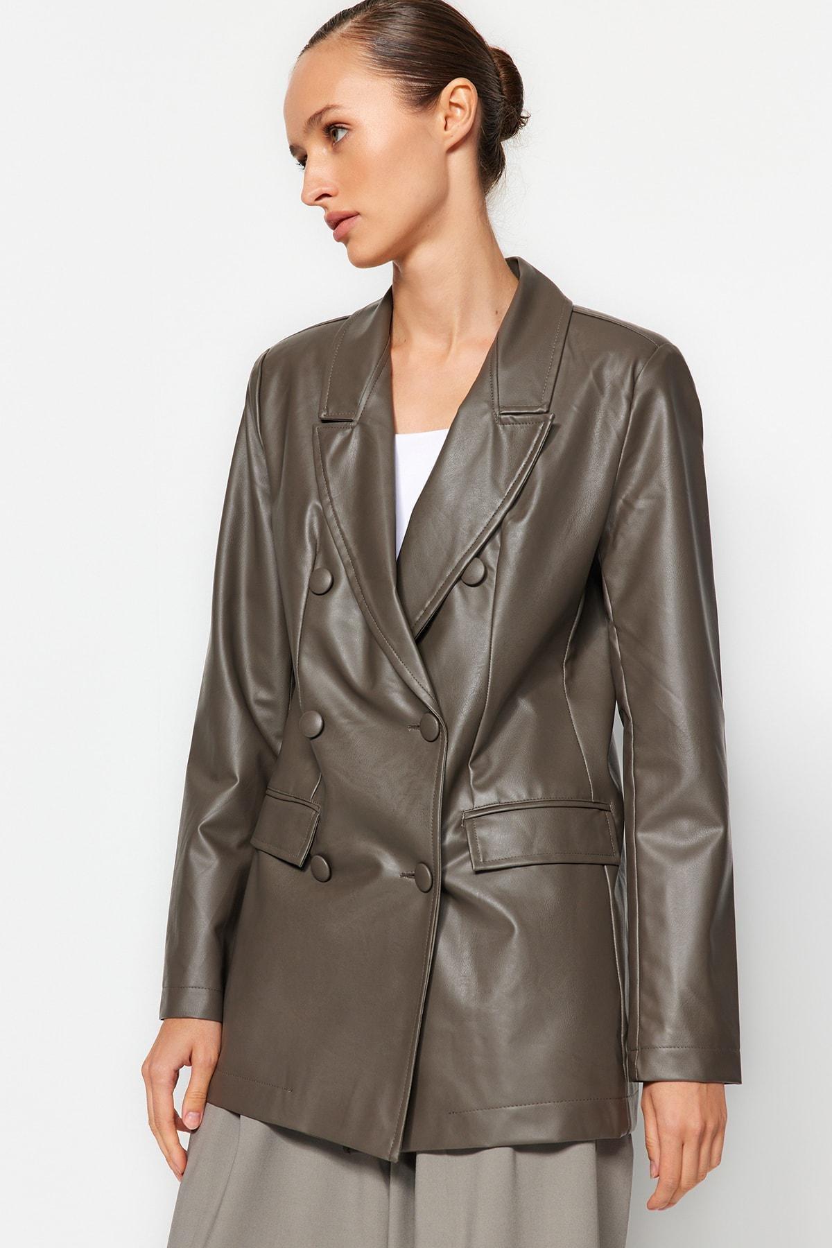 Grey Faux Leather Lined Double-Breasted Closure Woven Blazer Jacket, Anthracite, large image number 1