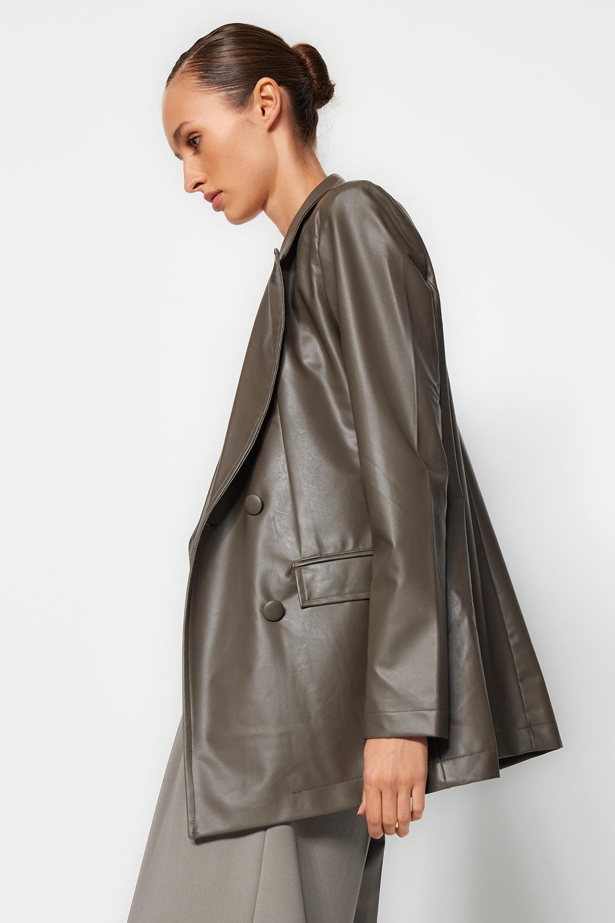 Grey Faux Leather Lined Double-Breasted Closure Woven Blazer Jacket, Anthracite, large image number 2