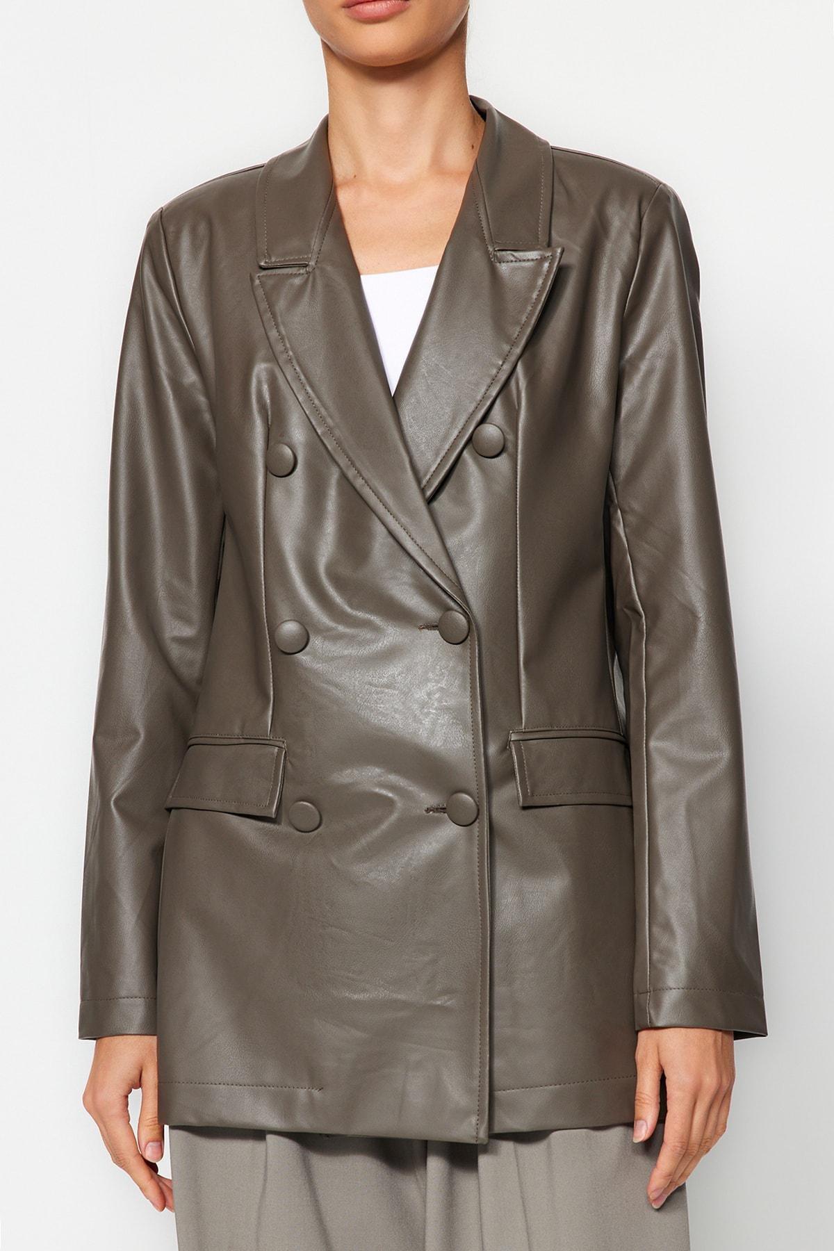 Grey Faux Leather Lined Double-Breasted Closure Woven Blazer Jacket, Anthracite, large image number 3