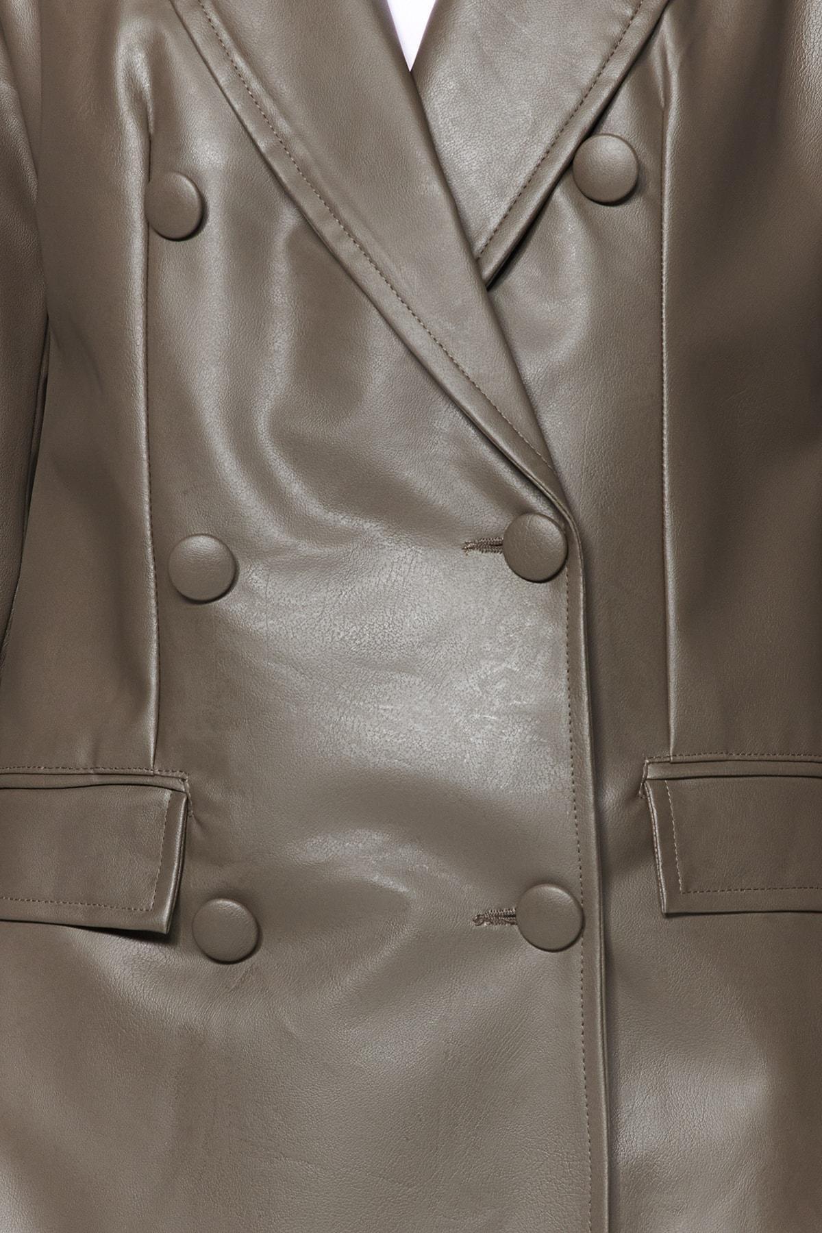 Grey Faux Leather Lined Double-Breasted Closure Woven Blazer Jacket, Anthracite, large image number 4