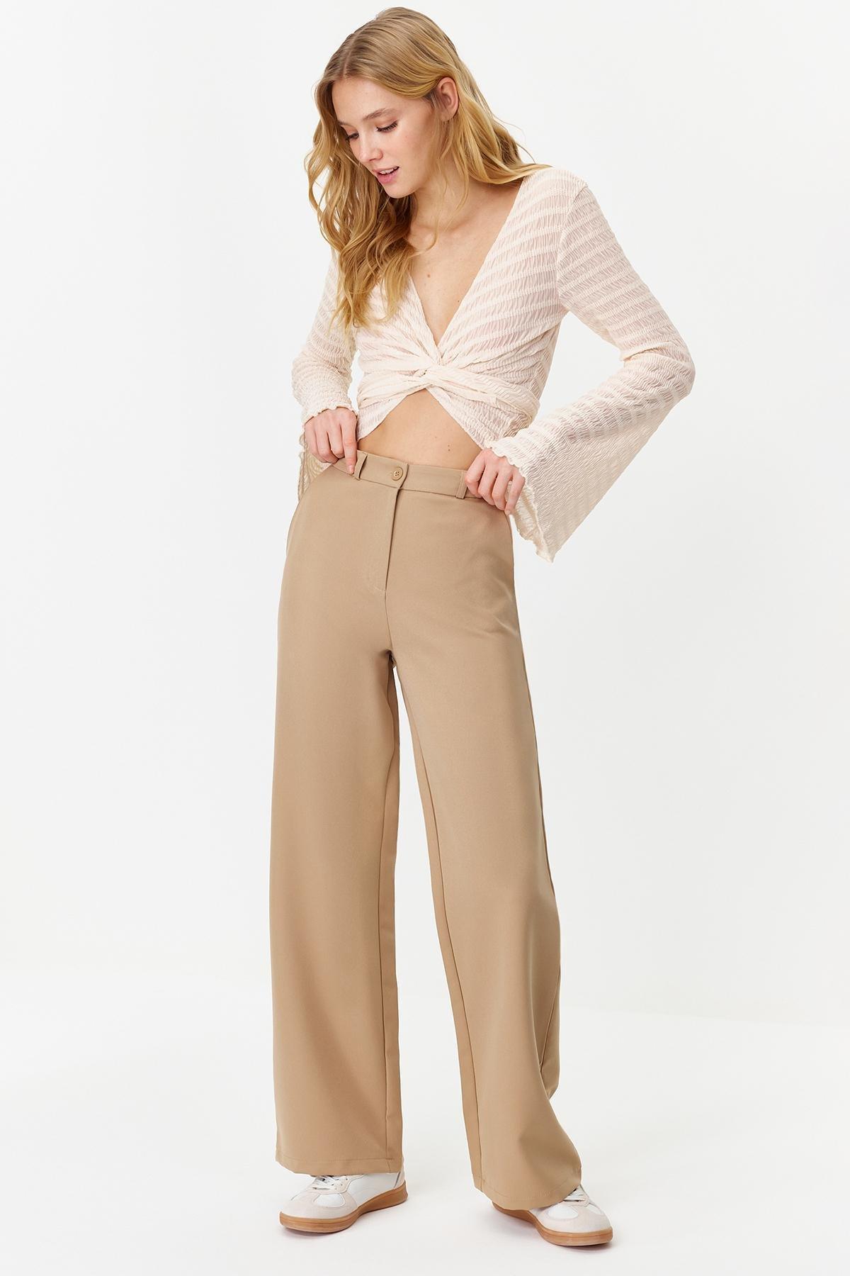Beige Wide Leg Woven Trousers, , large image number 0