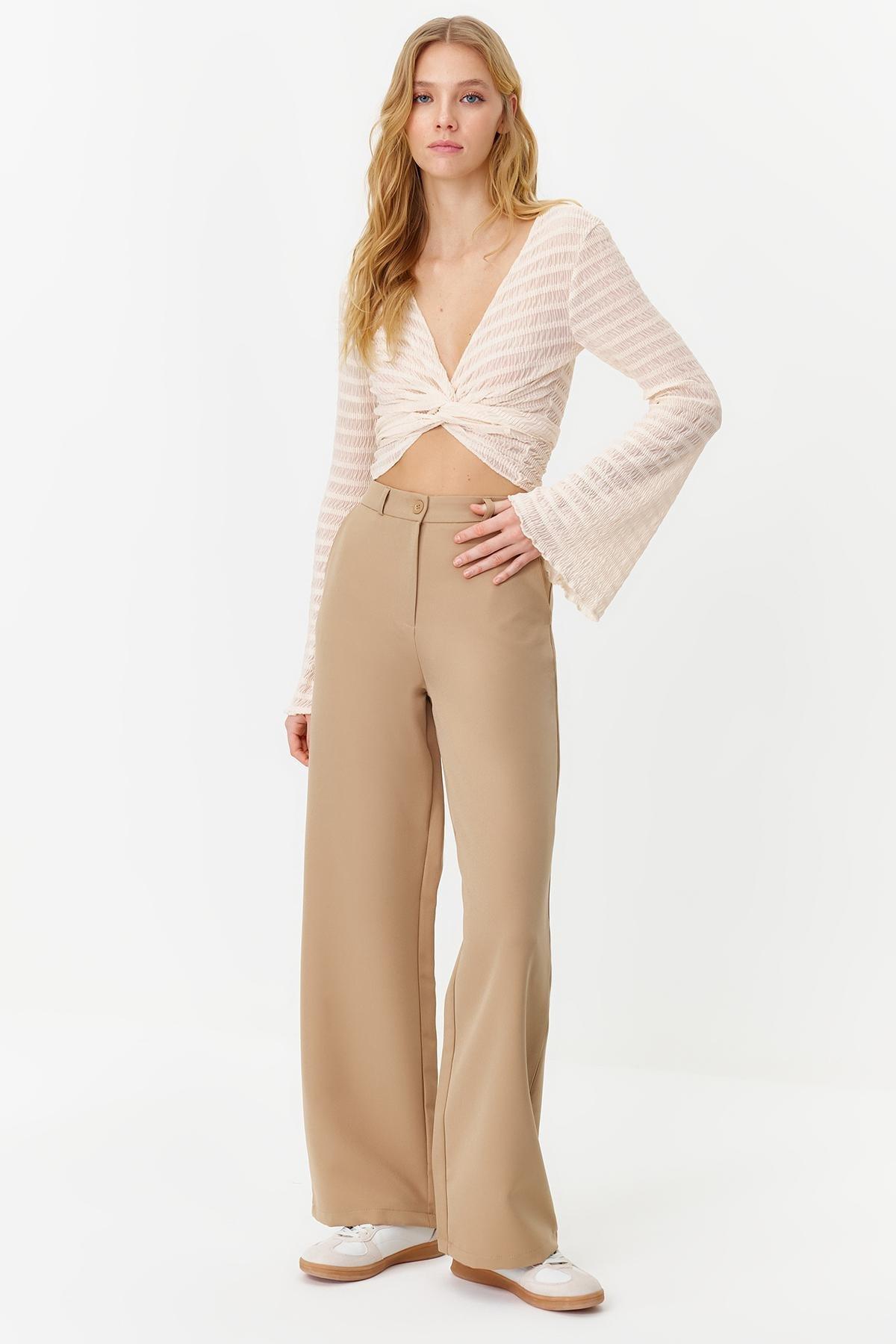 Beige Wide Leg Woven Trousers, , large image number 1