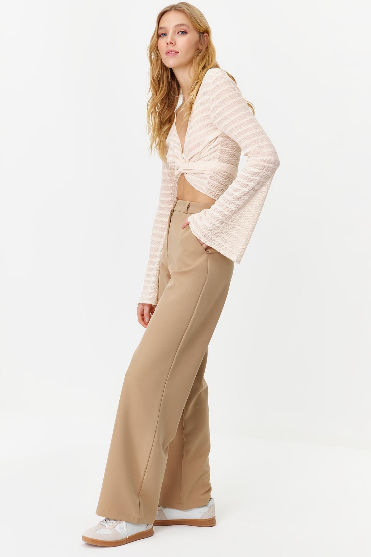 Beige Wide Leg Woven Trousers, , large image number 2